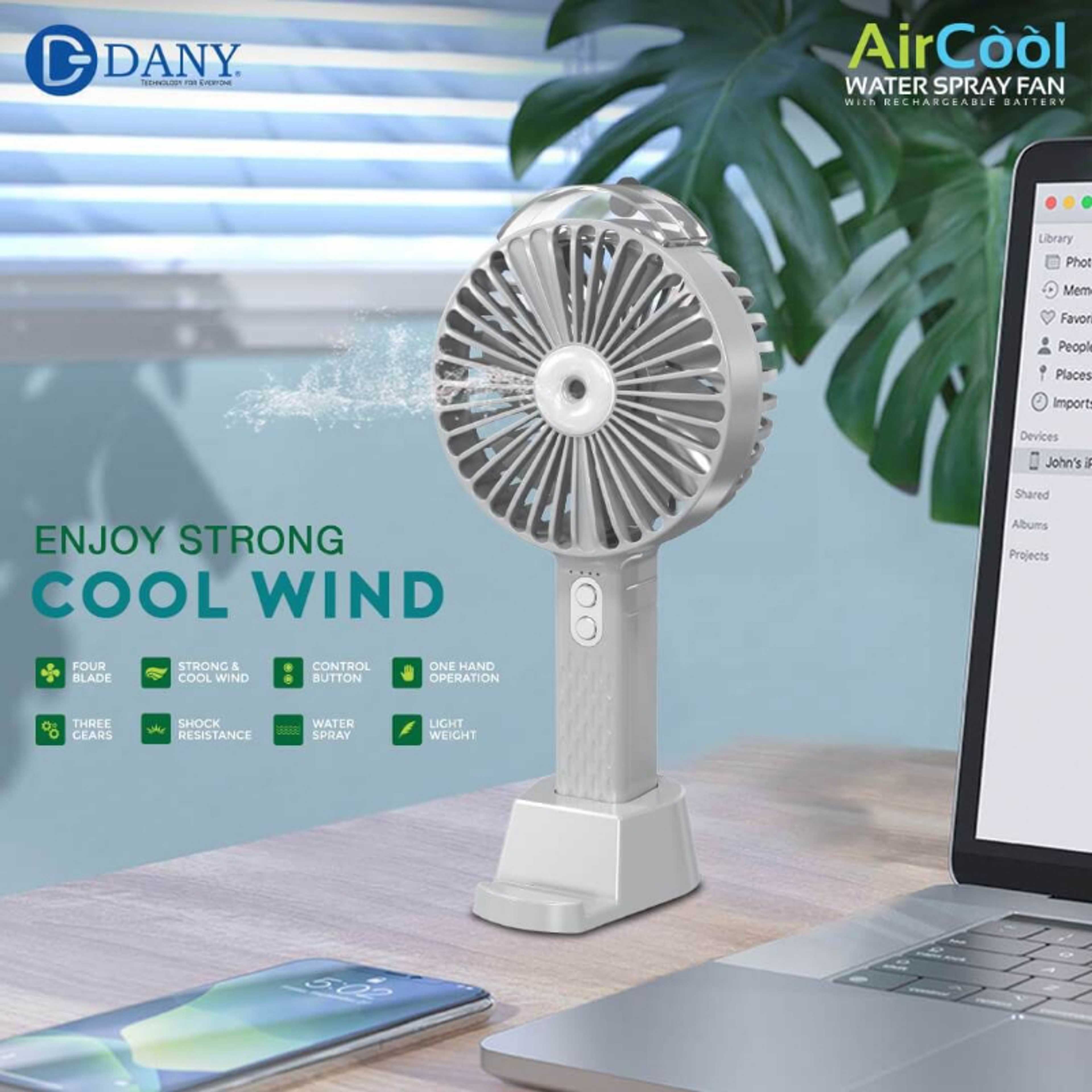 Aircool water spray portable chargeable fan with removeable base