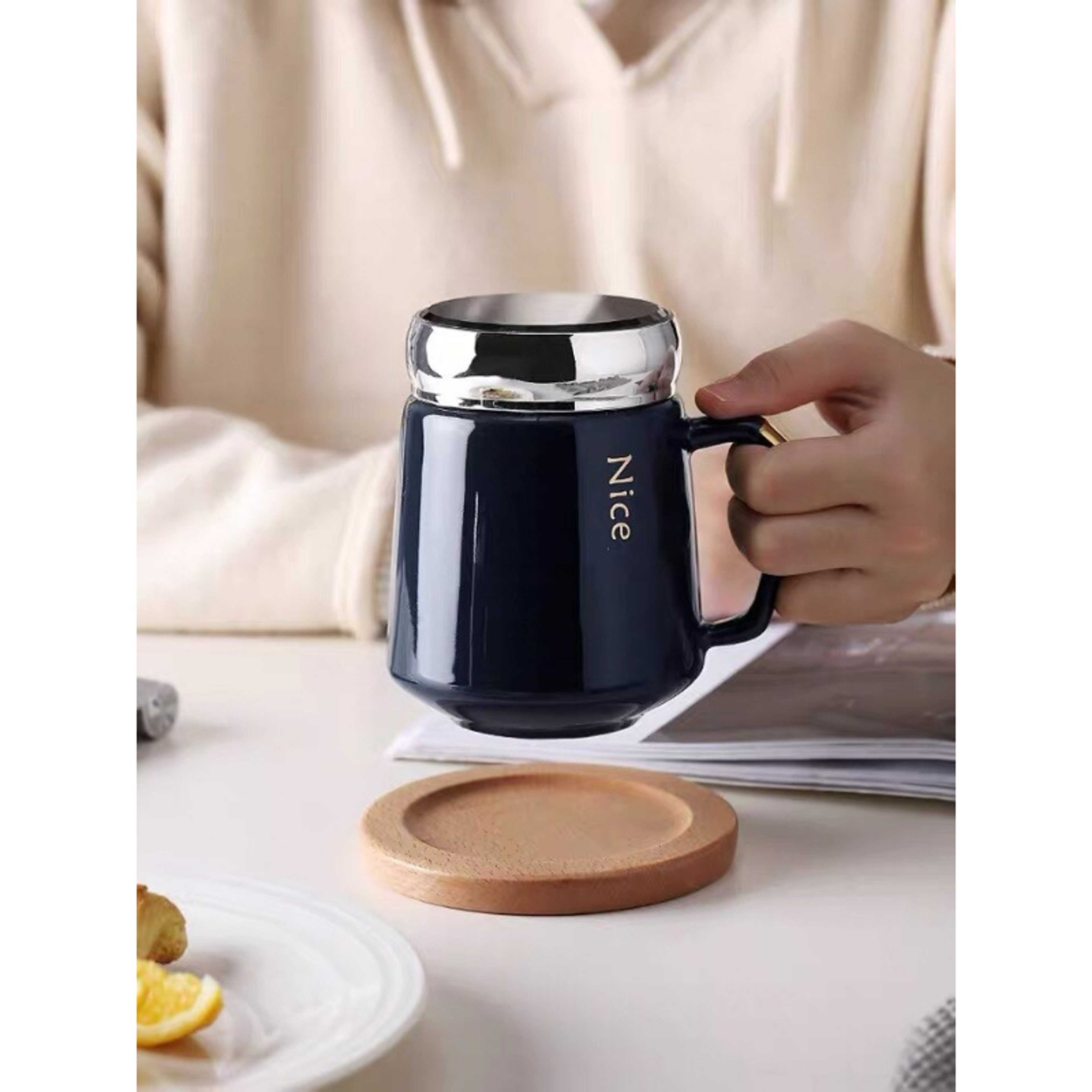 430ml Unique Nordic Ceramic Water Cup Coffee Mug With Handle And Mirror Lid - Product Main Image