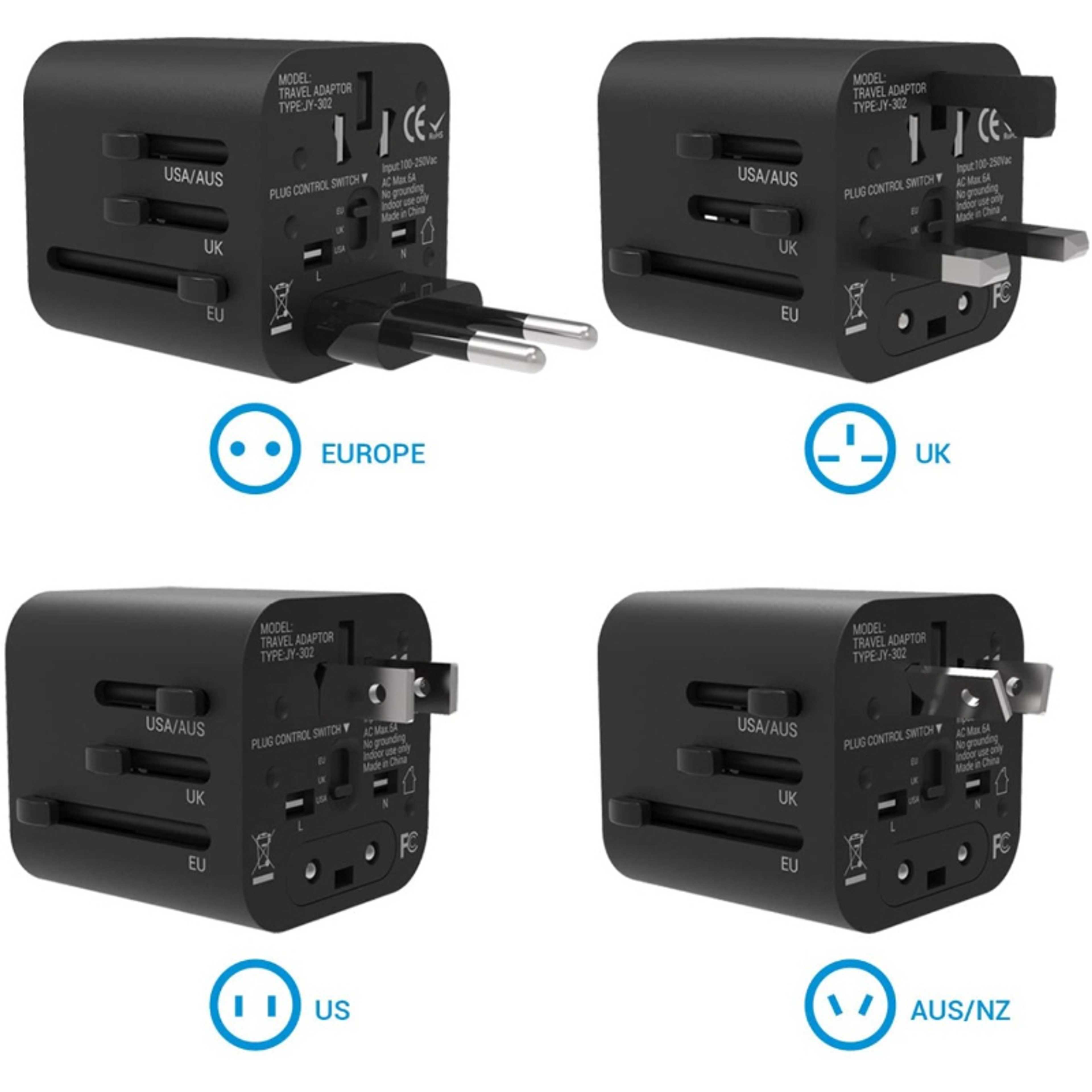 Tevina 3.2A Travel Adapter Charger Universal Worldwide All-In-One Safety Built-In Wall Charger Plug