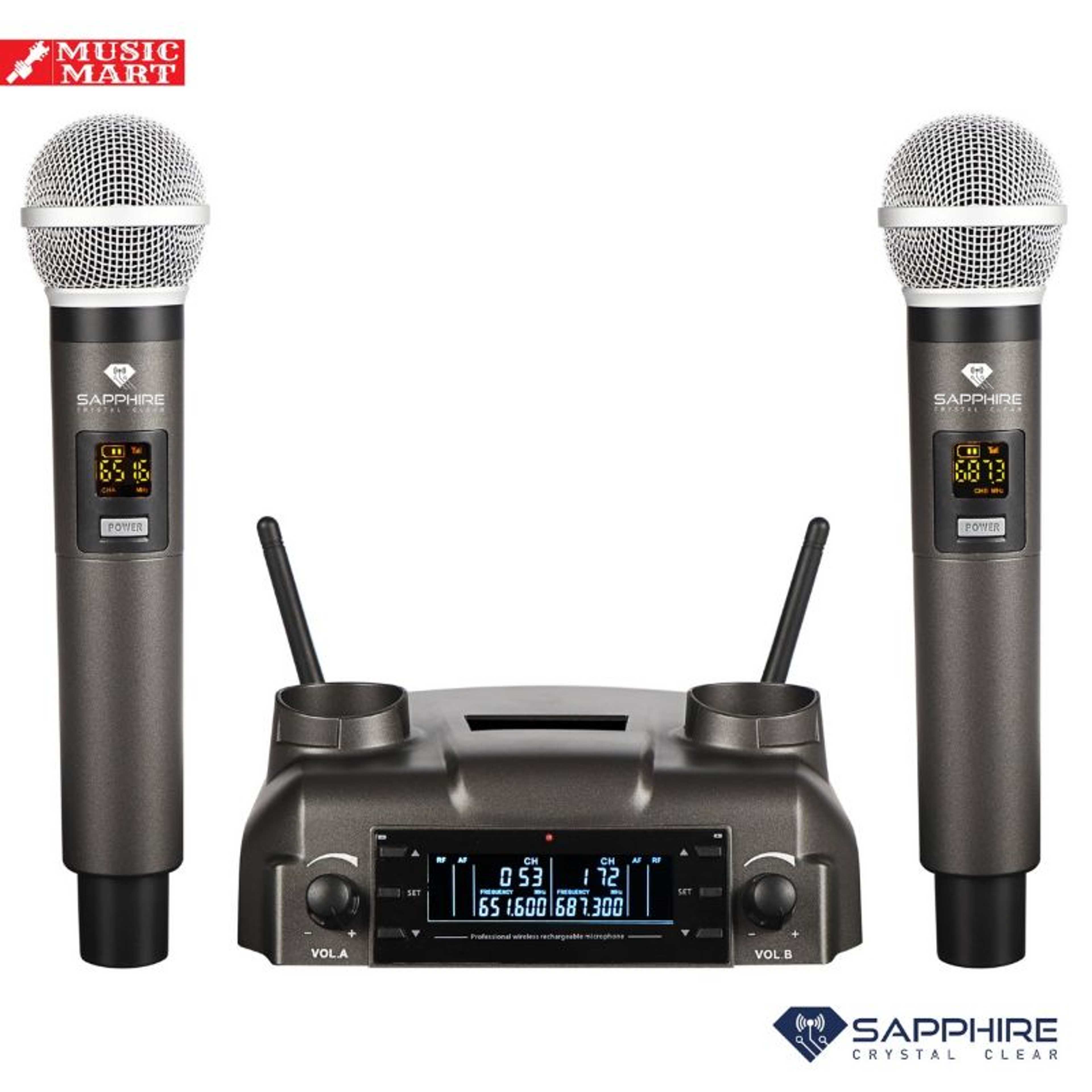 PRO DUAL RECHARGEABLE HANDHELD DYNAMIC MICROPHONES WIRELESS SYSTEM -  HIGH PRODUCTION OF MUSIC - EXCELLENT QUALITY - FREQUENCY UPTO 200Ft - STABLE SIGNAL & CLEAR SOUND - INDEPENDENT MIC VOLUME CONTROL - HASSLE FREE RECHARGING