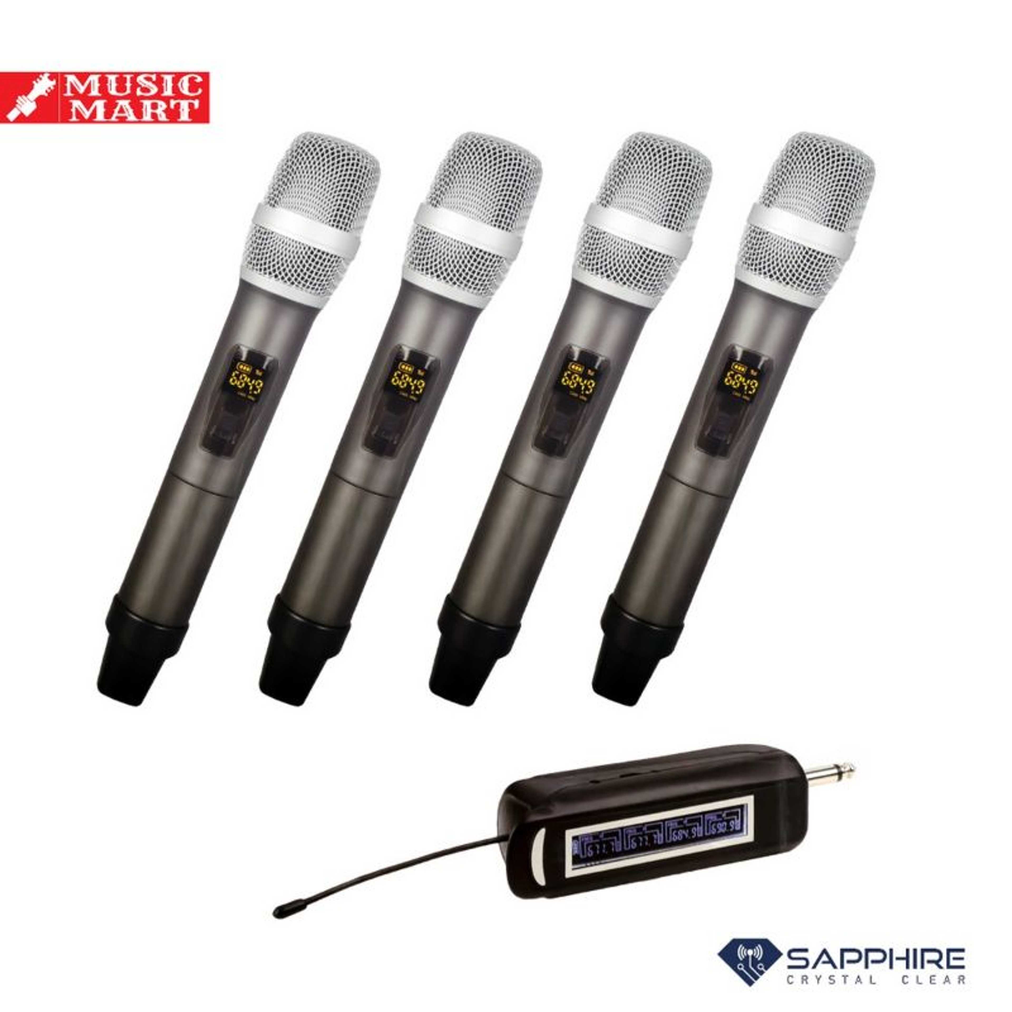 4 MICROPHONES QUAD CHANNEL PORTABLE WIRELESS SYSTEM -  HIGH FREQUENCY - EASY TO USE JUST PLUG AND PLAY - PRECISE QUALITY - CRYSTAL CLEAR SOUND QUALITY - EXCELLENT REPRODUCTION OF VOICE AND MUSIC