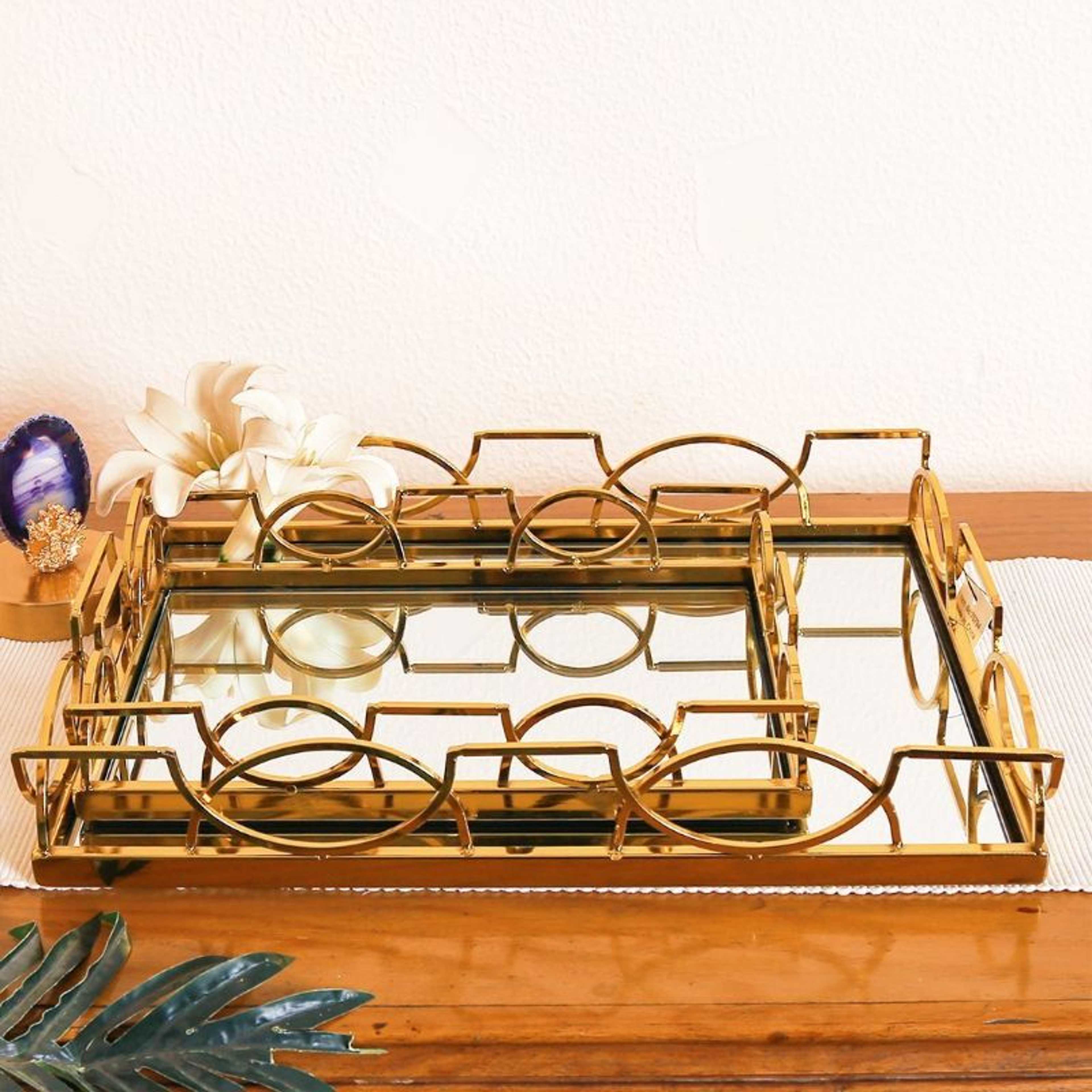 Pair Of Gold Mirror Vanity Tray With Symmetric Pattern Border | Organizer Tray | Décor Tray
