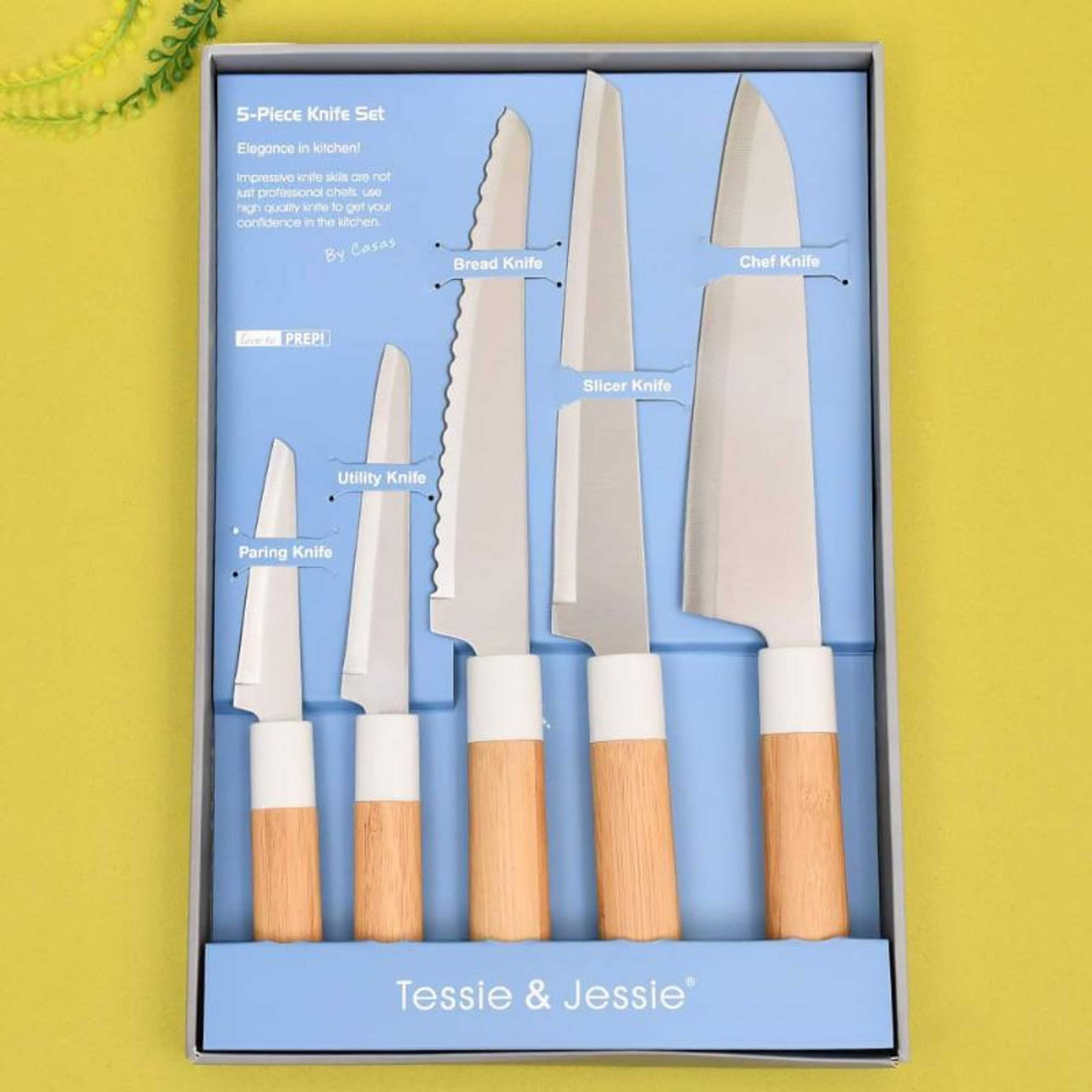 J&T Stainless Steel Bamboo Handle Knives Set White (SK-1443)
