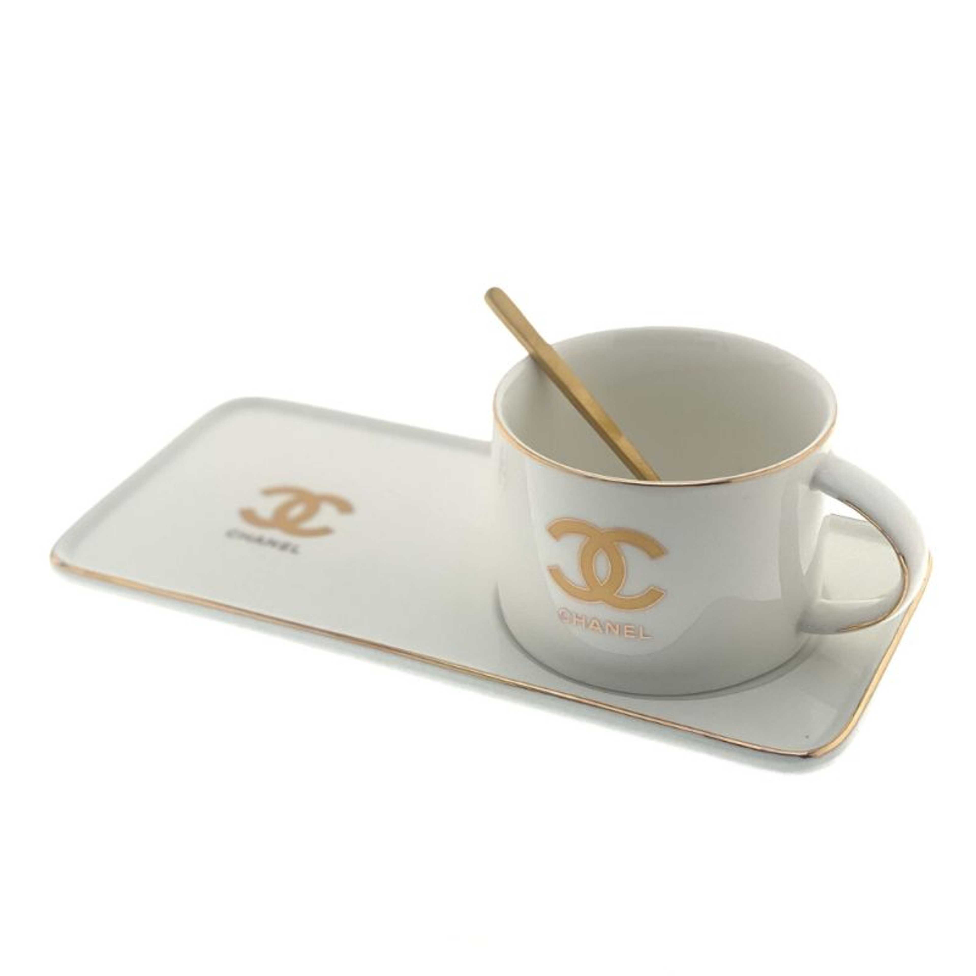 "Chanel" Mug With Serving Dish And Spoon - White - Product Main Image