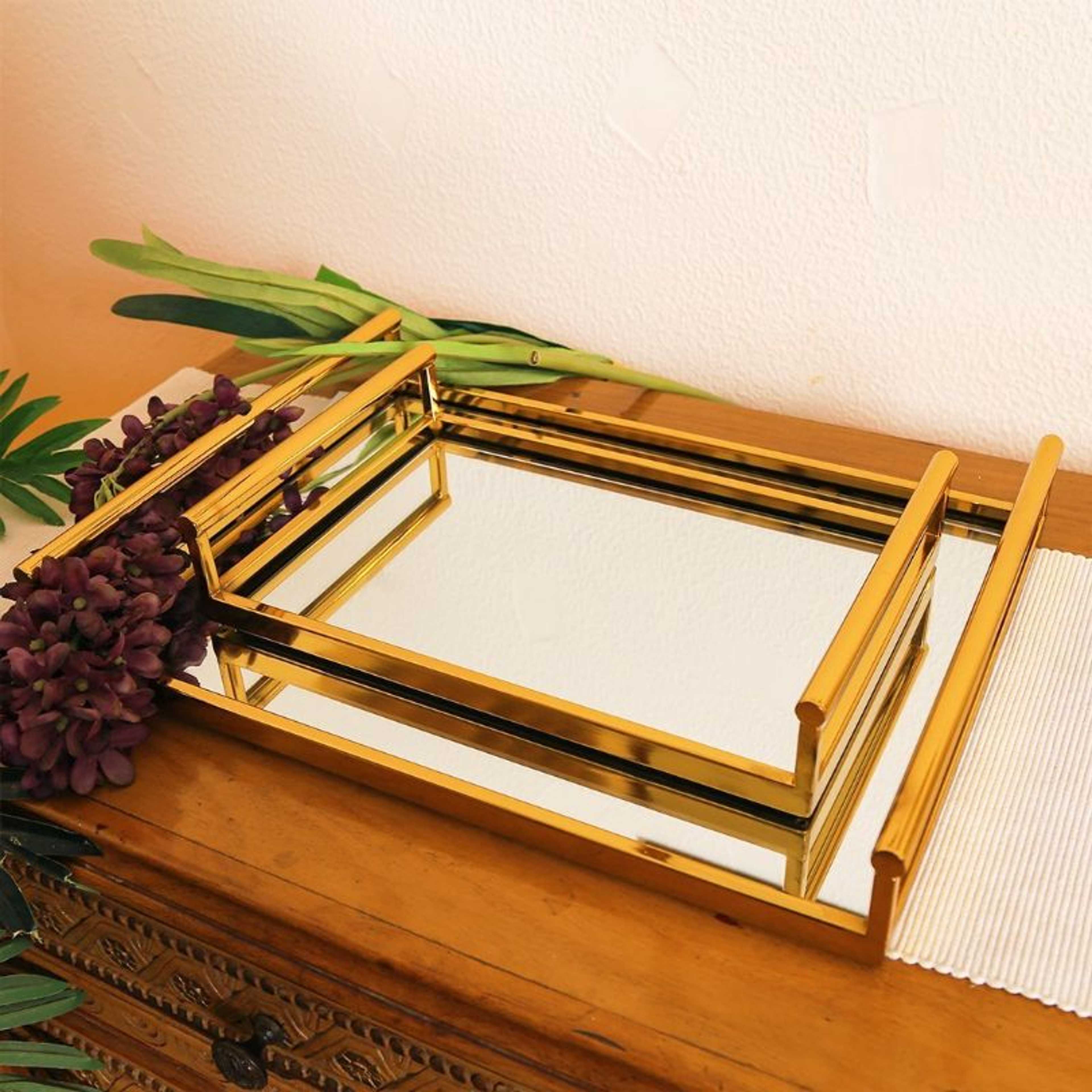 Pair Of Gold Mirror Vanity Tray With Handles | Organizer Tray | Décor Tray