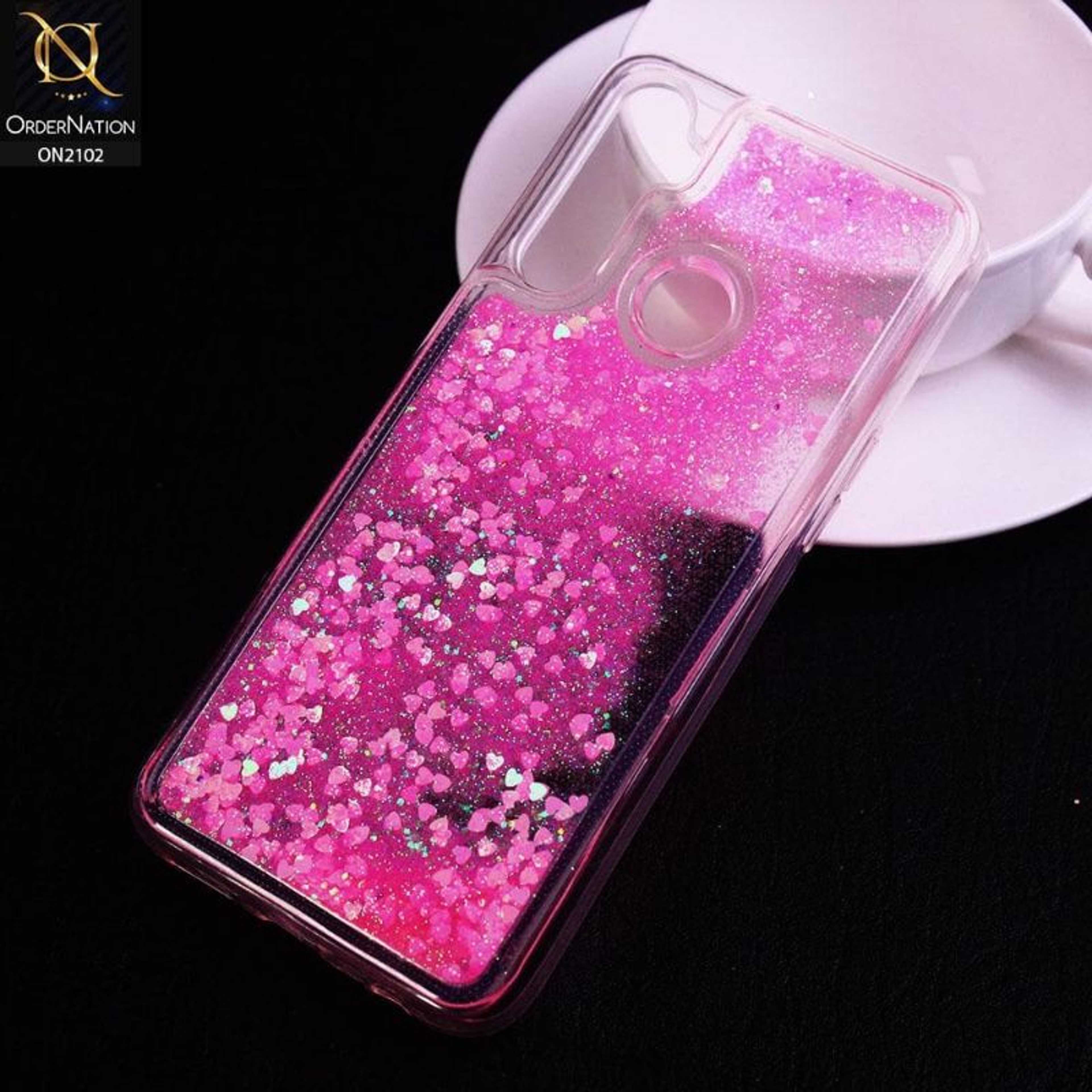 Realme 5i Cover - Light Pink - Cute Love Hearts Liquid Glitter Pc Back Case