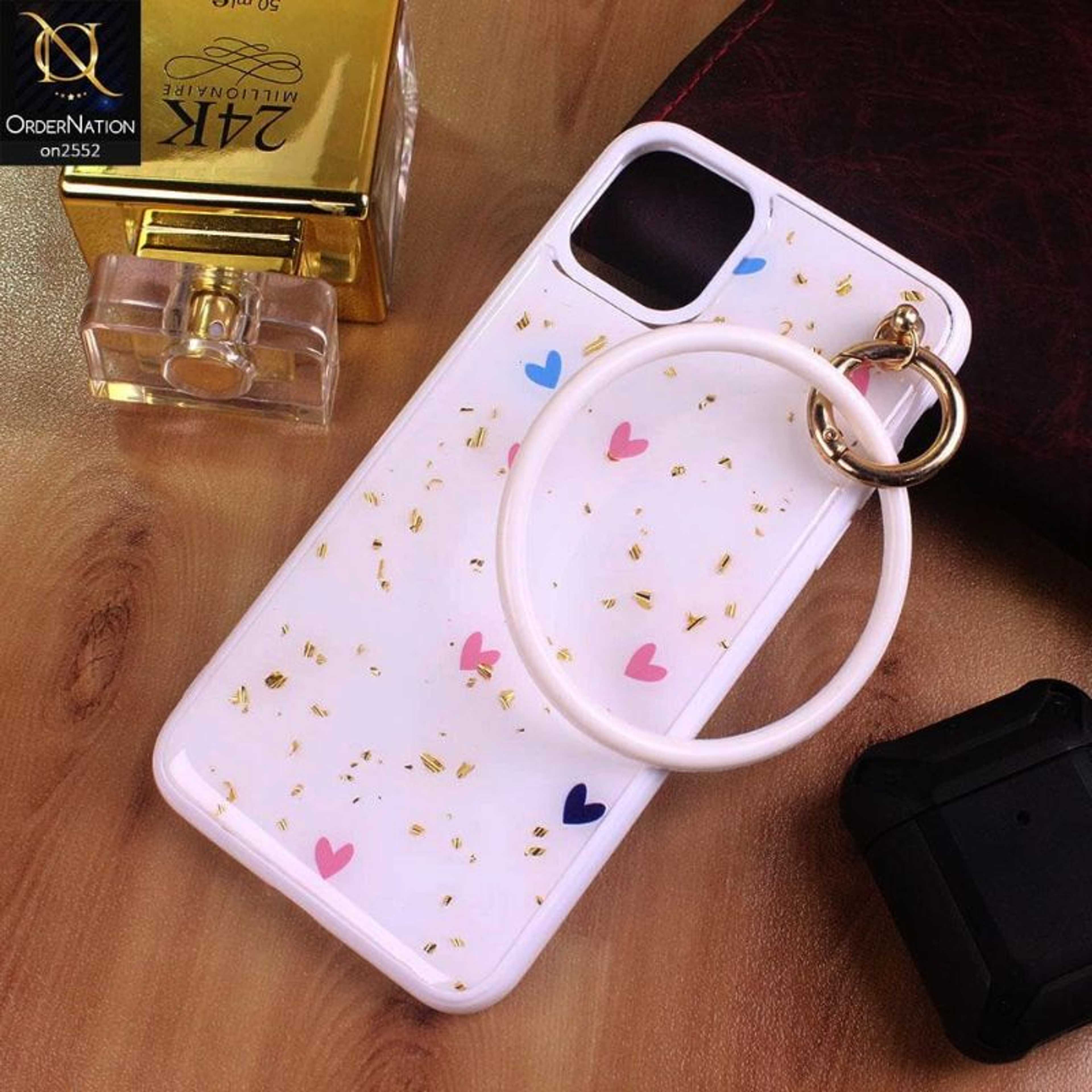 iPhone 11 Pro - White - Stylish Shiny Gold Foil Flying Hearts Circle Ring Holder Soft Case