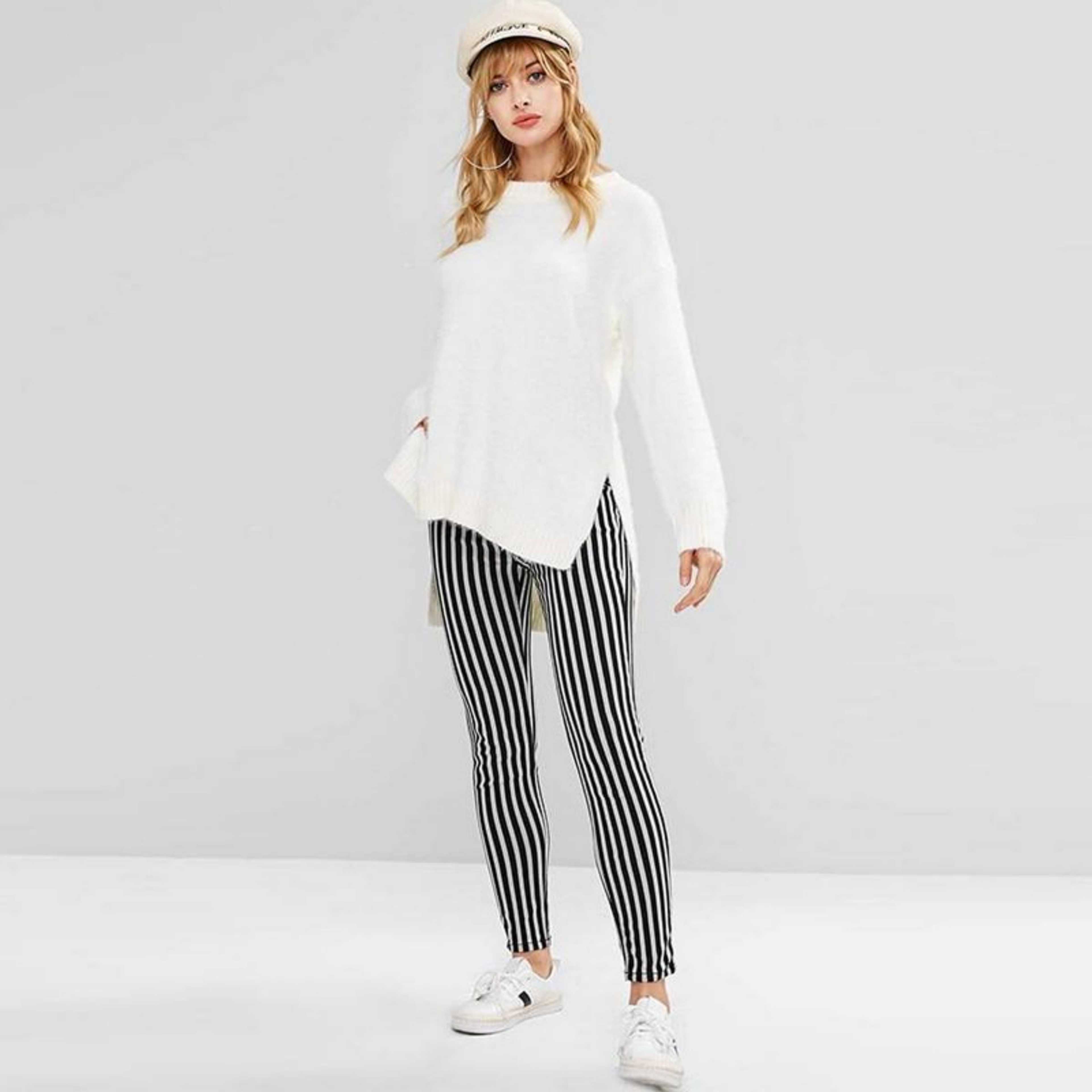 Women Black & White Thick Vertical Striped Trousers