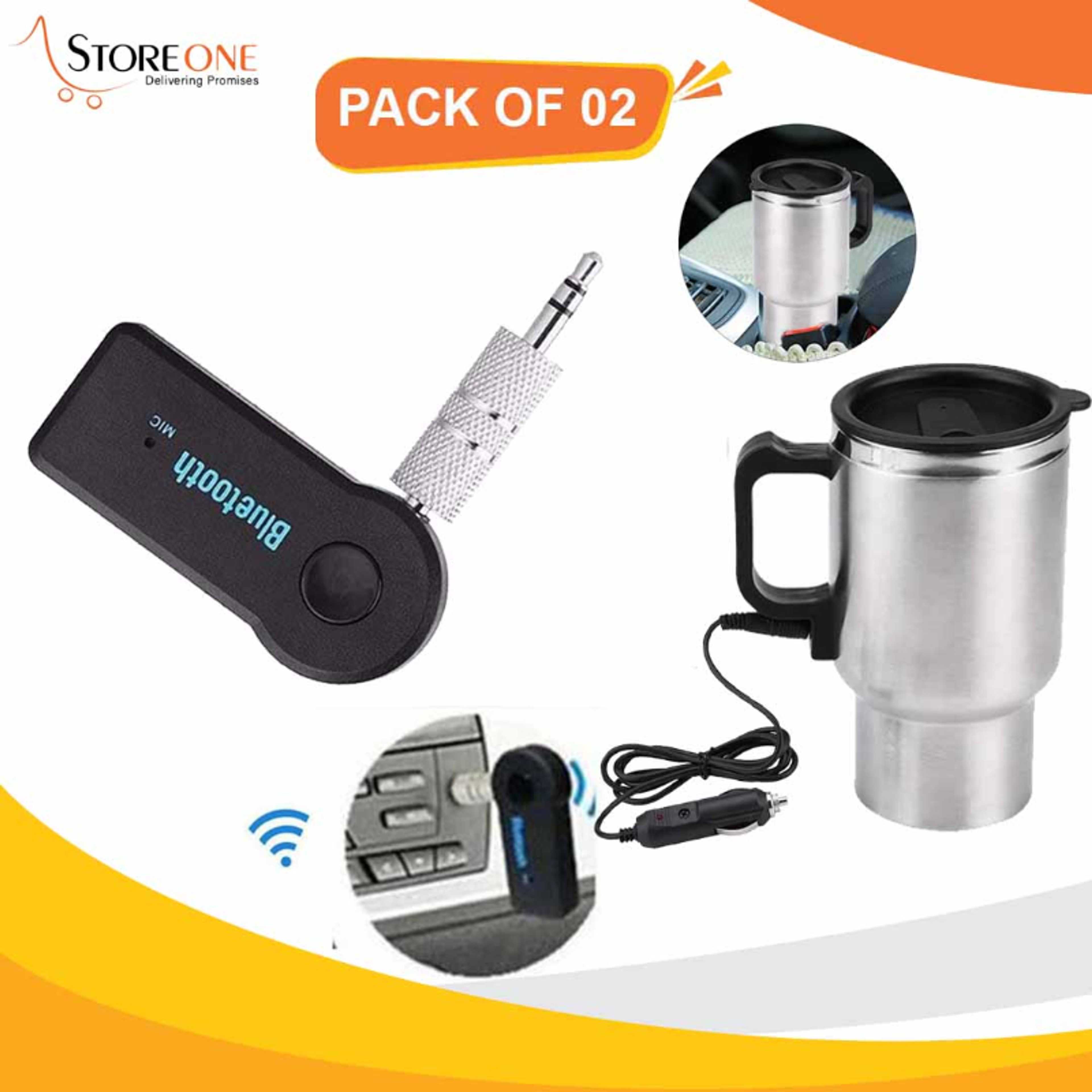 Pack Of 02 Car Electric Travel Mug 12v - Bluetooth Aux Bluetooth Car Aux Car Bluetooth Transmitter Aux Audio Receiver Handfree Car Bluetooth Music Receiver Universal 3.5mm Streaming A2DP Wireless Auto AUX Audio Adapter With Mic For Phone MP3