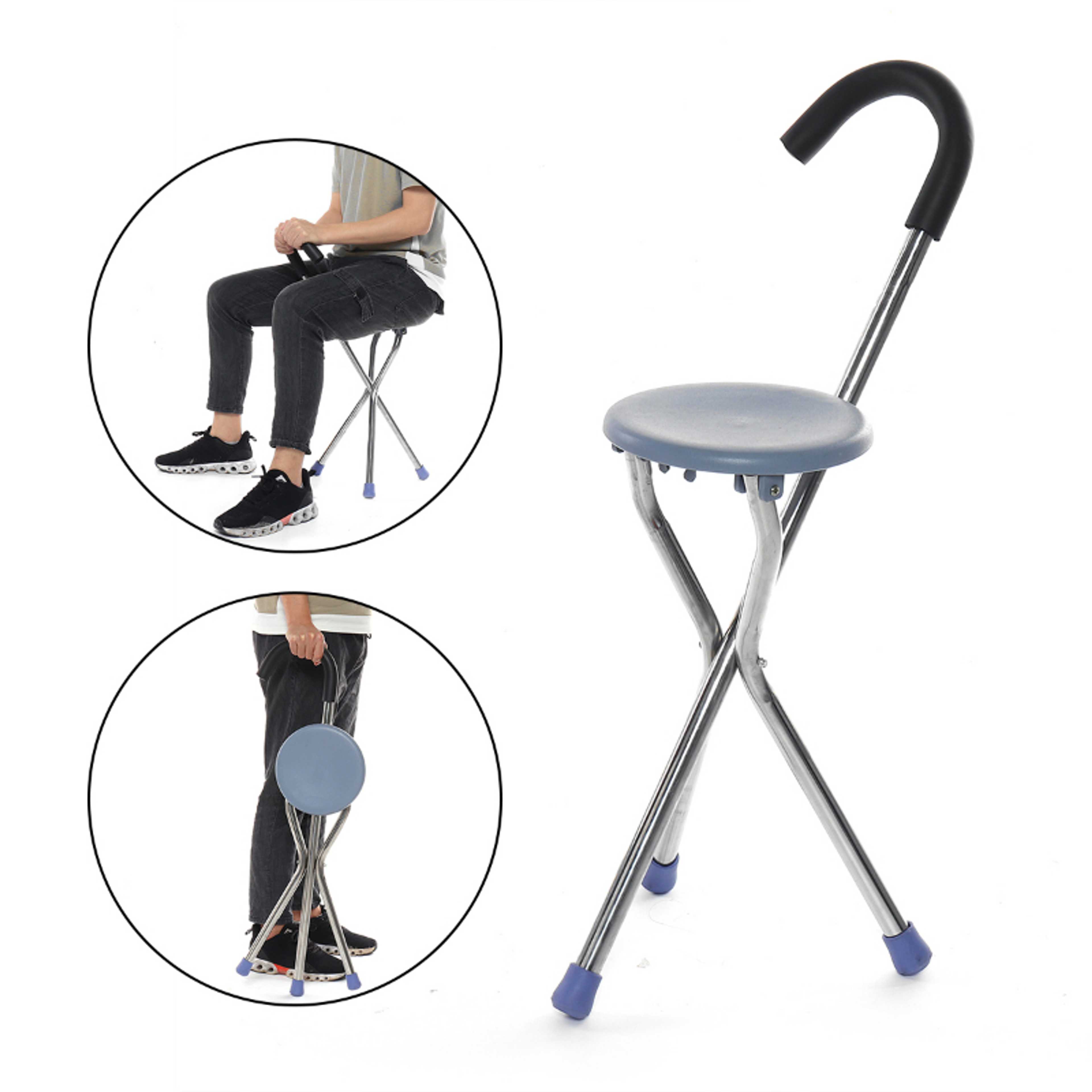 STAINLESS STEEL FOLDING TRIPOD CANE HIKING CHAIR PORTABLE WALKING STICK WITH SEAT - Product Main Image