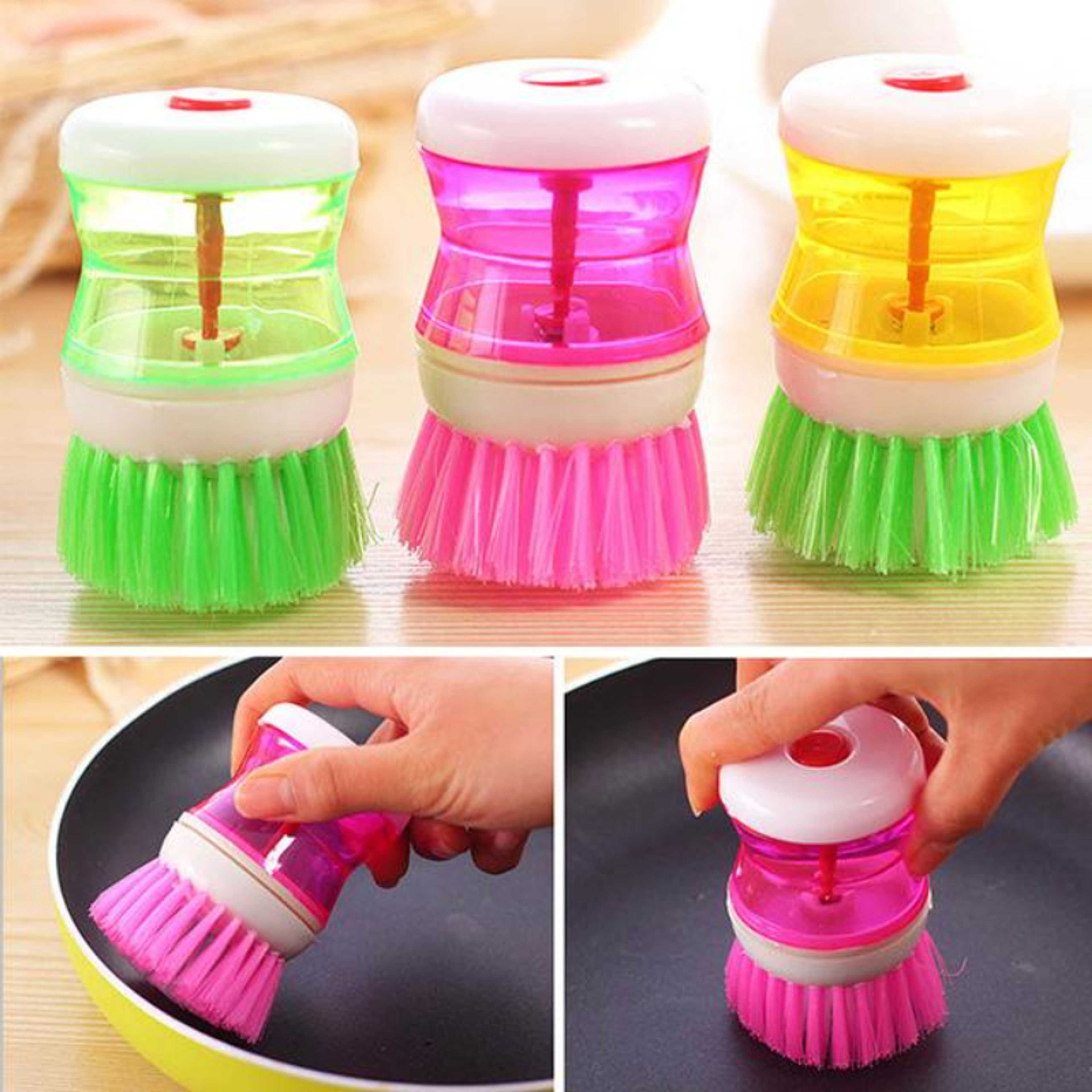 Pack of 3 Kitchen dish brush with liquid soap dispenser plastic dish cleaning brush