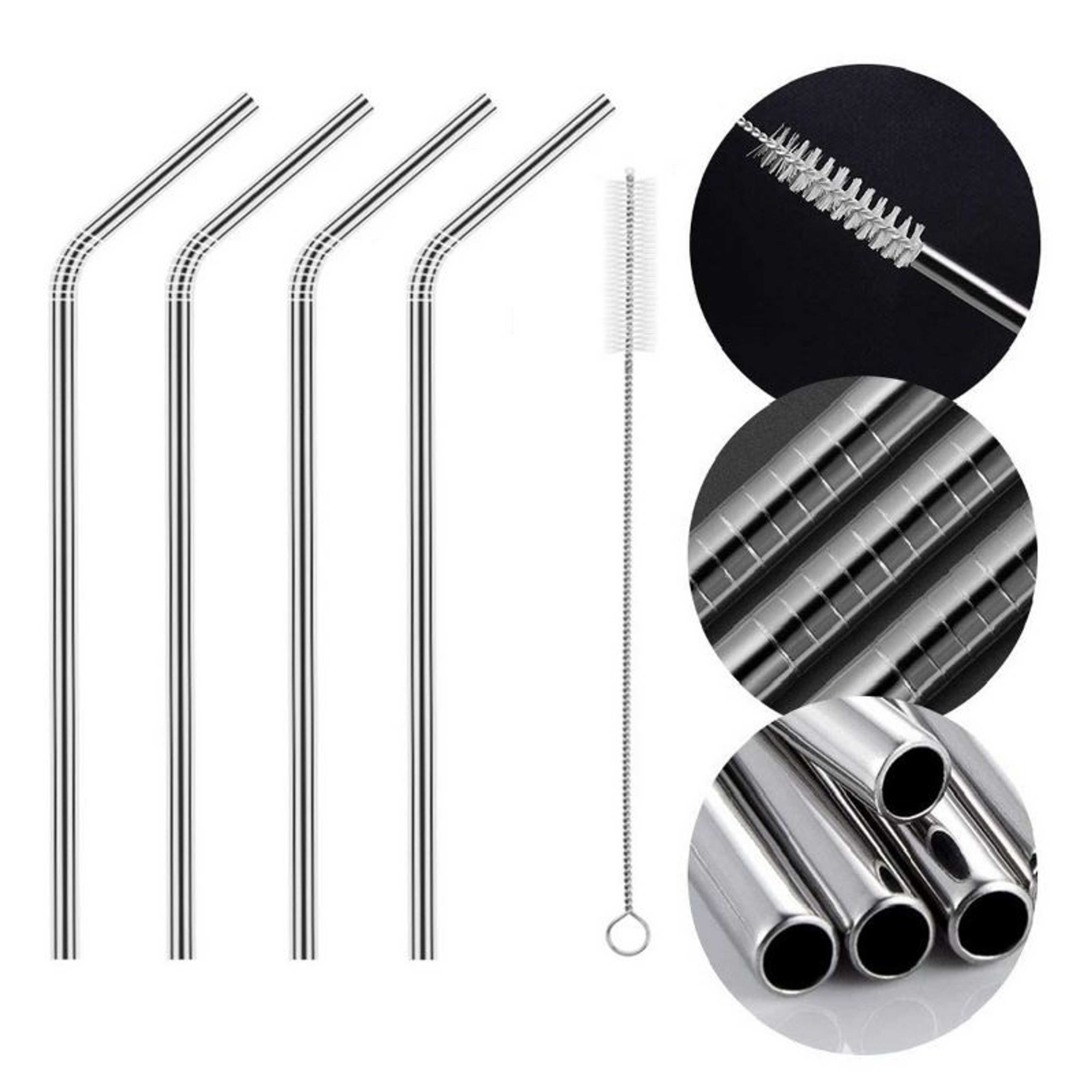 Pack of 4 - Stainless Steel Reusable Drinking Straws With Cleaning Brush