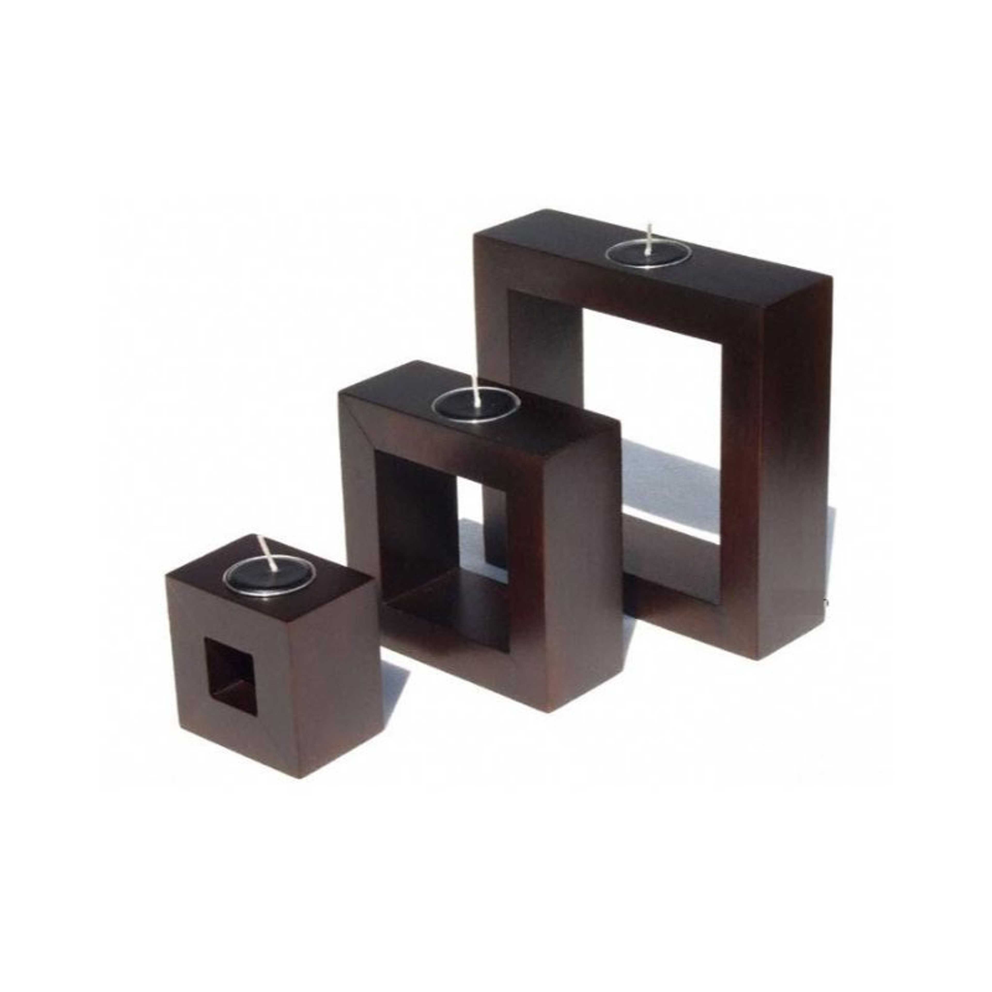 Set of 3 - Solid Mango Wood Square Candle Holders