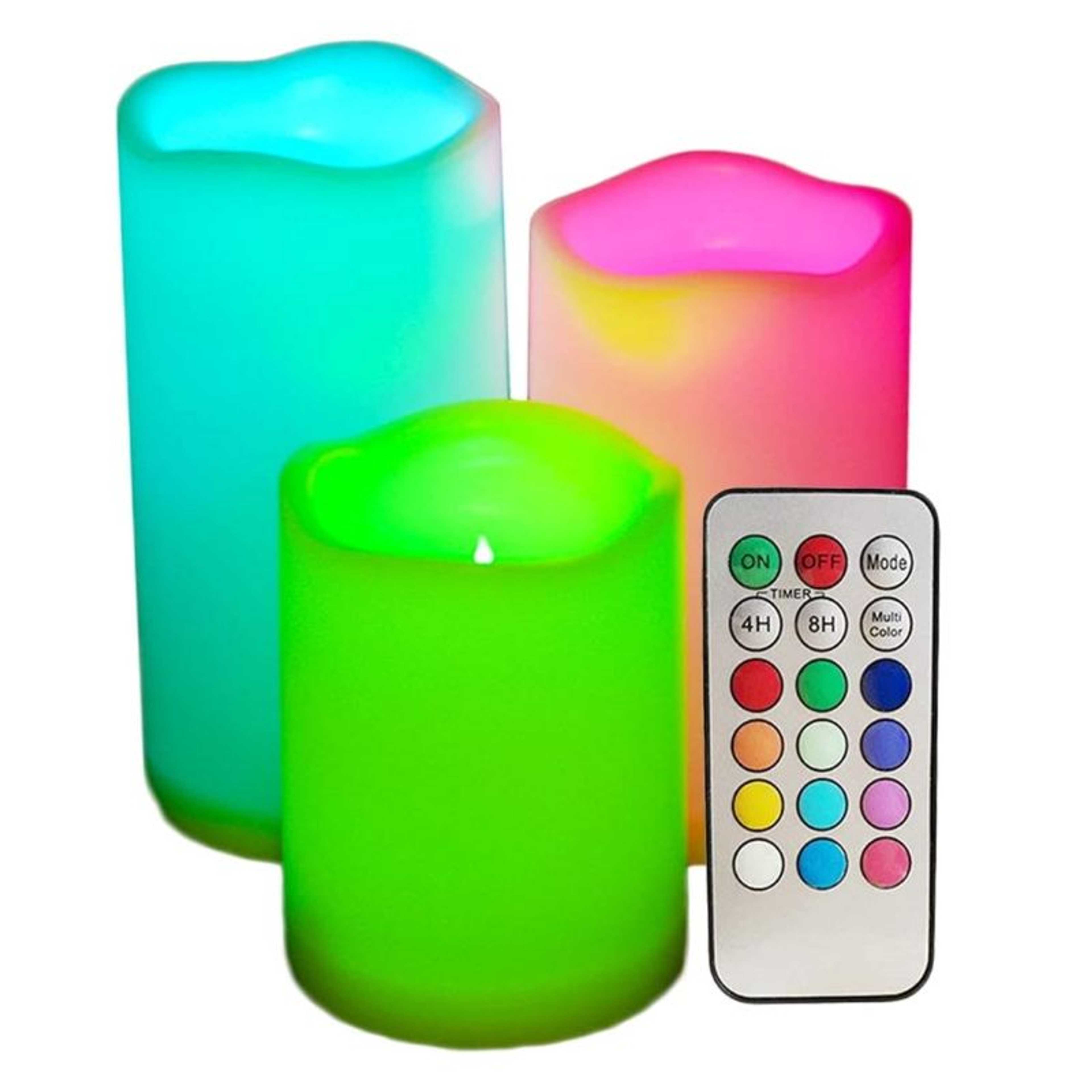 Set of 3 - Glow Color Changing Flameless Pillar Candles, with Remote & Timer, Glow Candles � Flameless Color-Changing Candles, 3 Battery-operated LED Pillar Candles with Remote