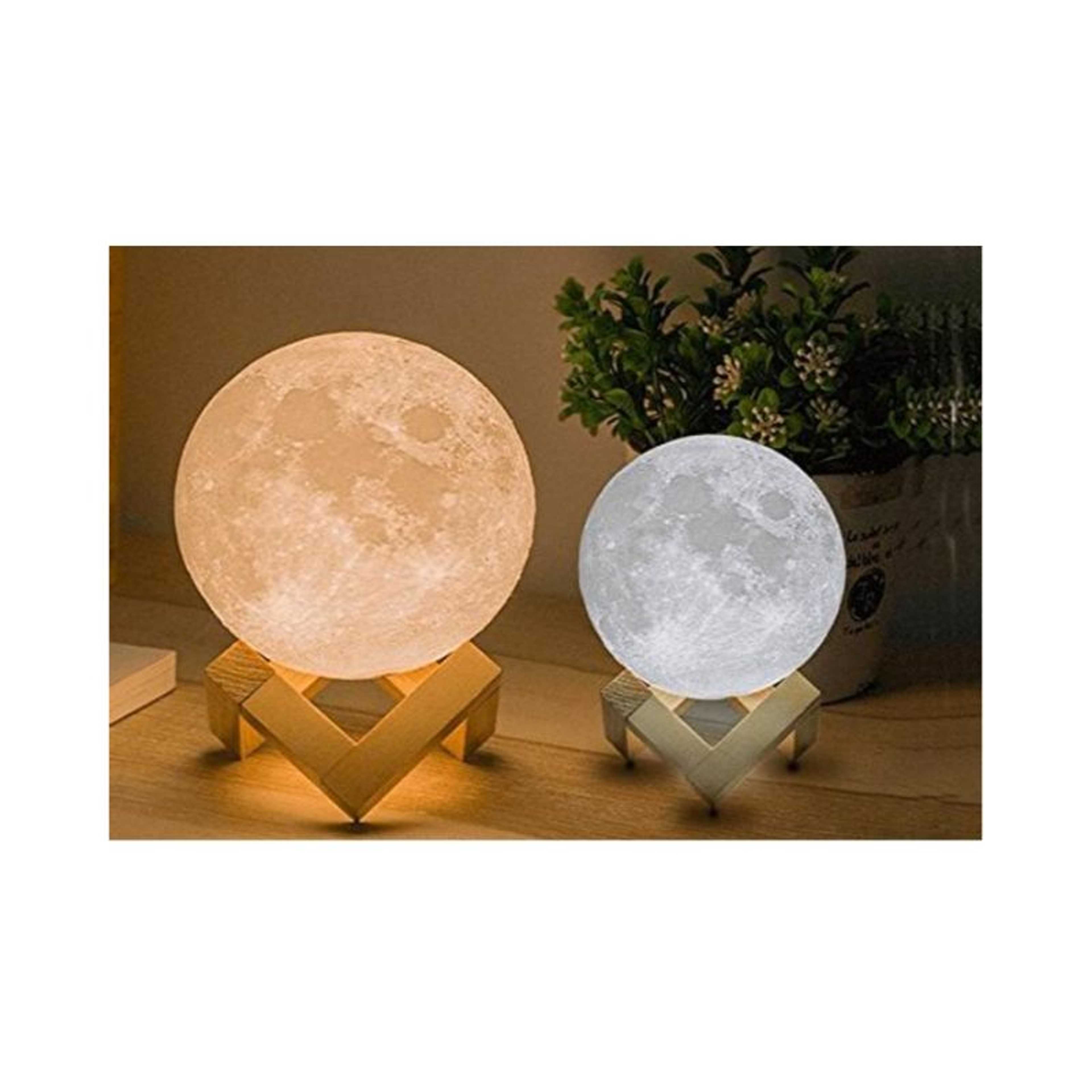 Rechargeable Remote Controlled Color Changing Moon Shaped 3D textured Lamp with Wooden Base - 13 cm Diameter - Product Main Image