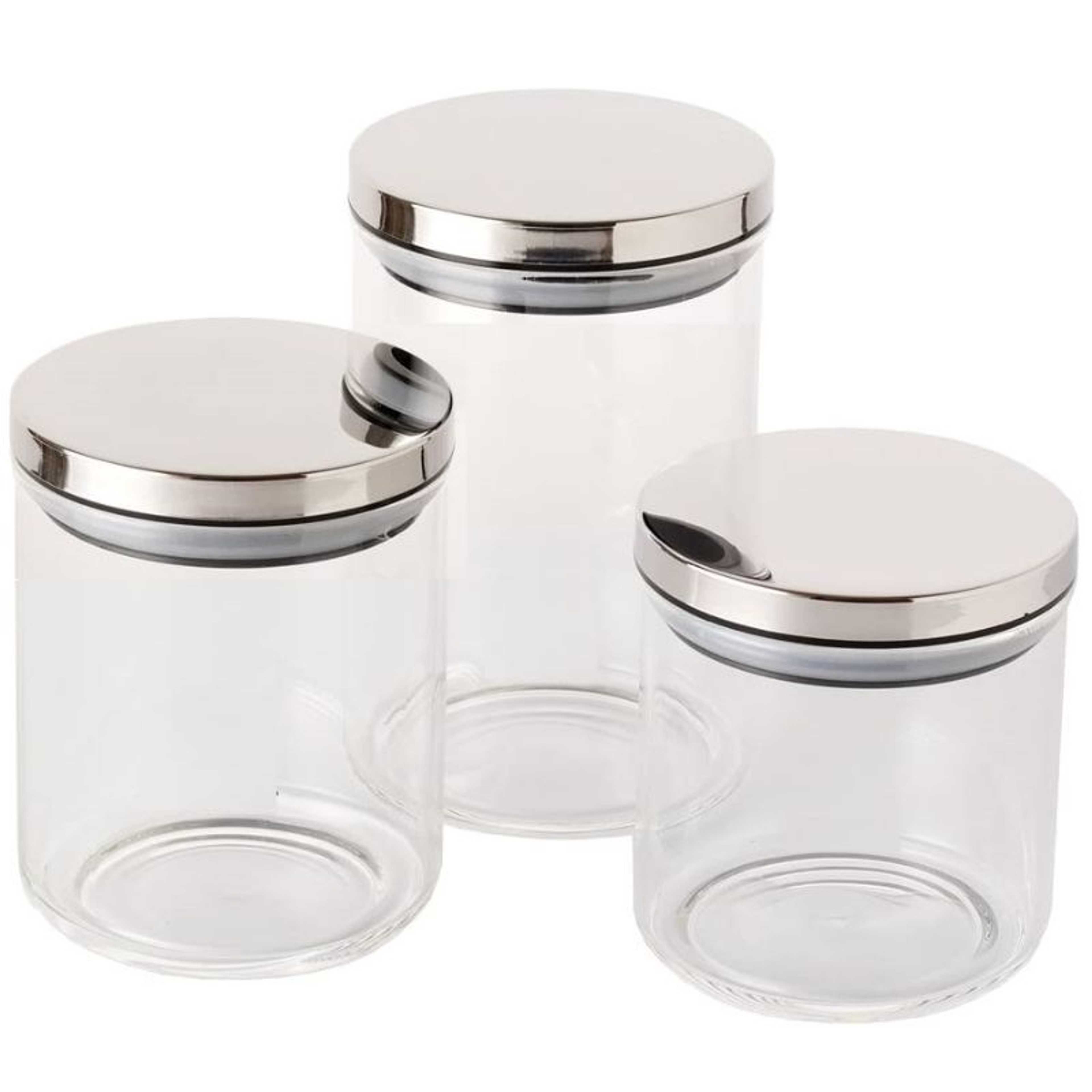 Set of 3 - Glass Kitchen Jars With Stainless Steel Lids For Spice/Herbs/Cookies/Pasta/Candies/Stationery/Beads & Other Small Items