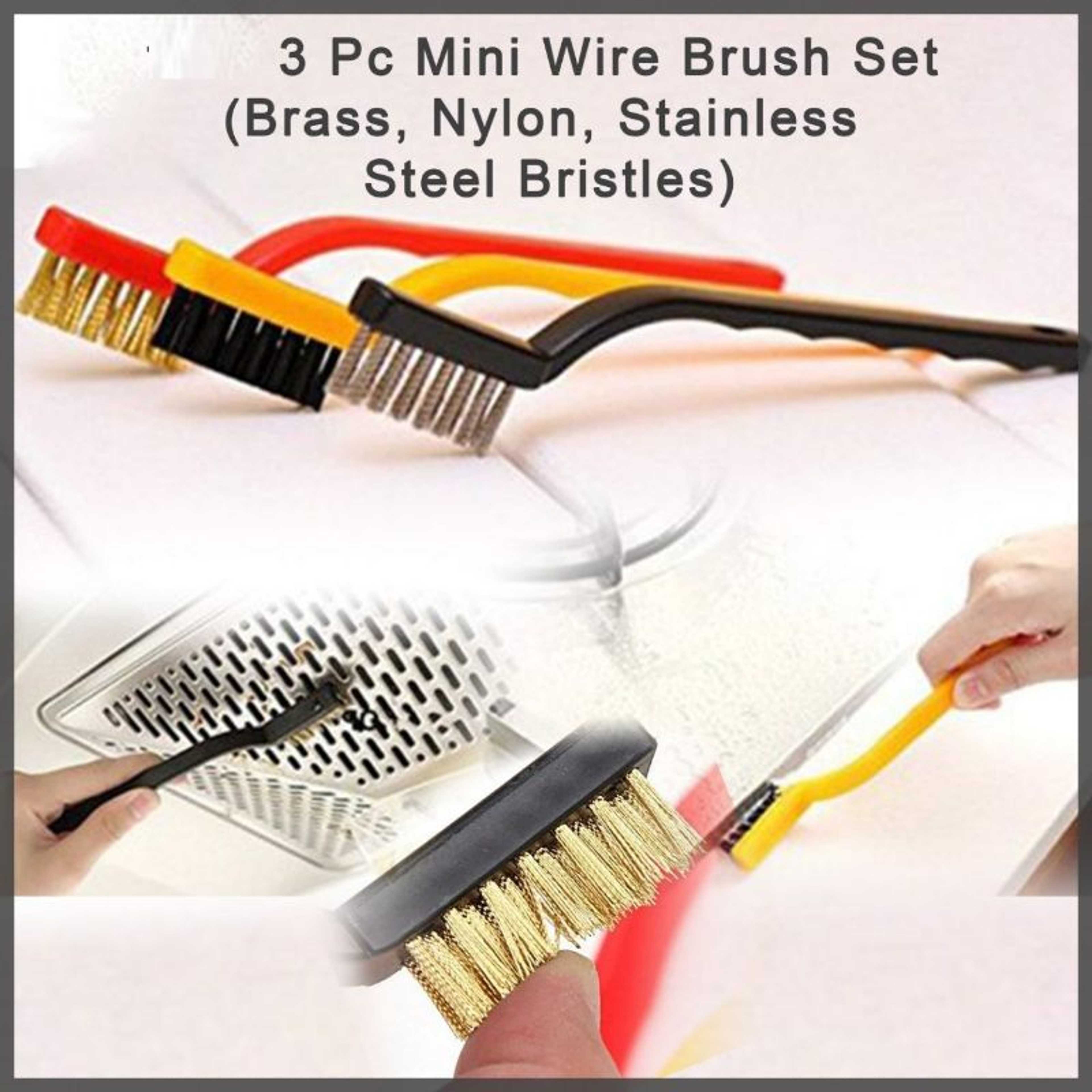 3Pcs Wire Brush Set, Nylon/Brass/Stainless Steel Brush with Curved Handle Grip, Cleaning Brush, Polishing Brush