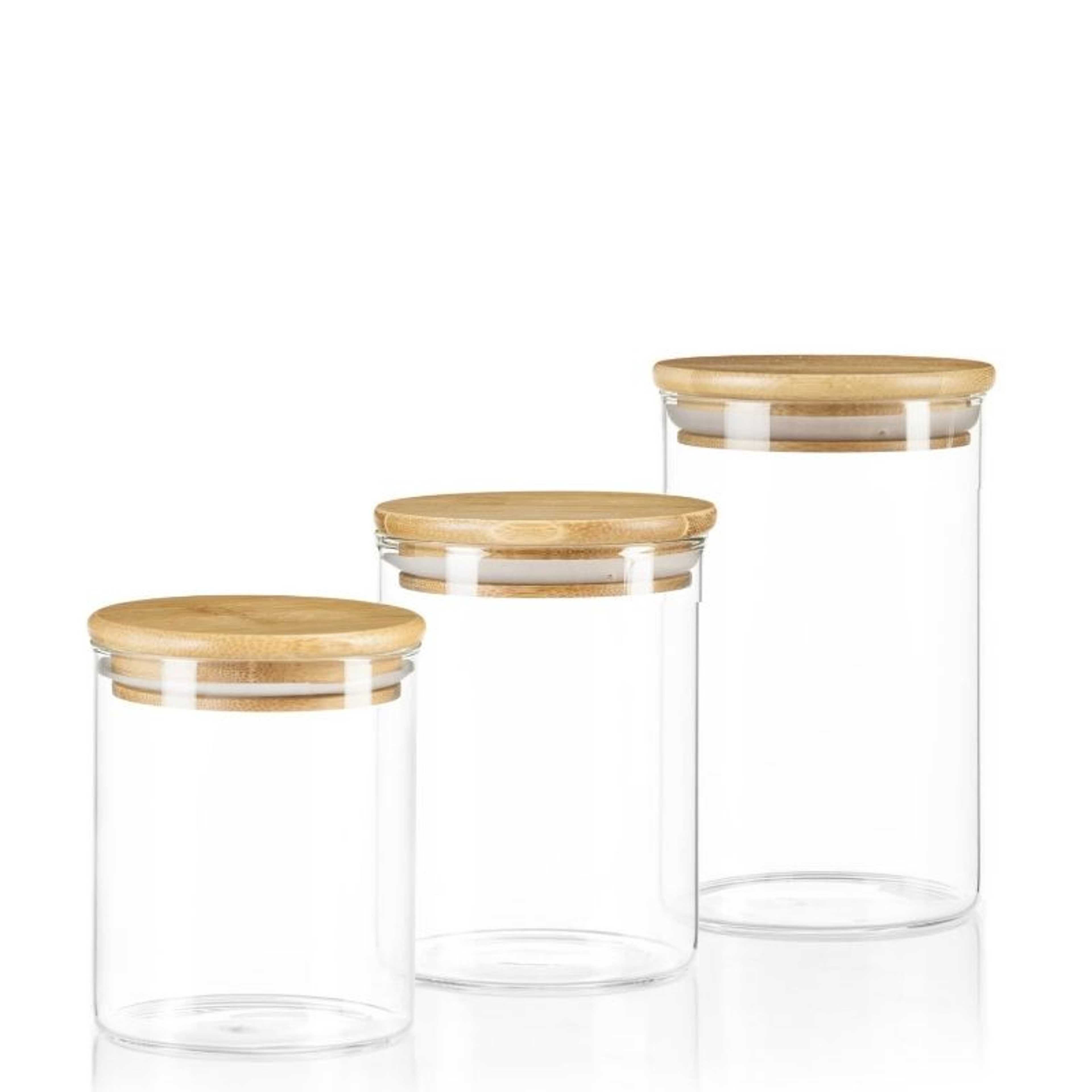 Set of 3 - Glass Kitchen Jars With Wooden Bamboo Lids For Spice/Herbs/Cookies/Pasta/Candies/Stationery/Beads & Small Items