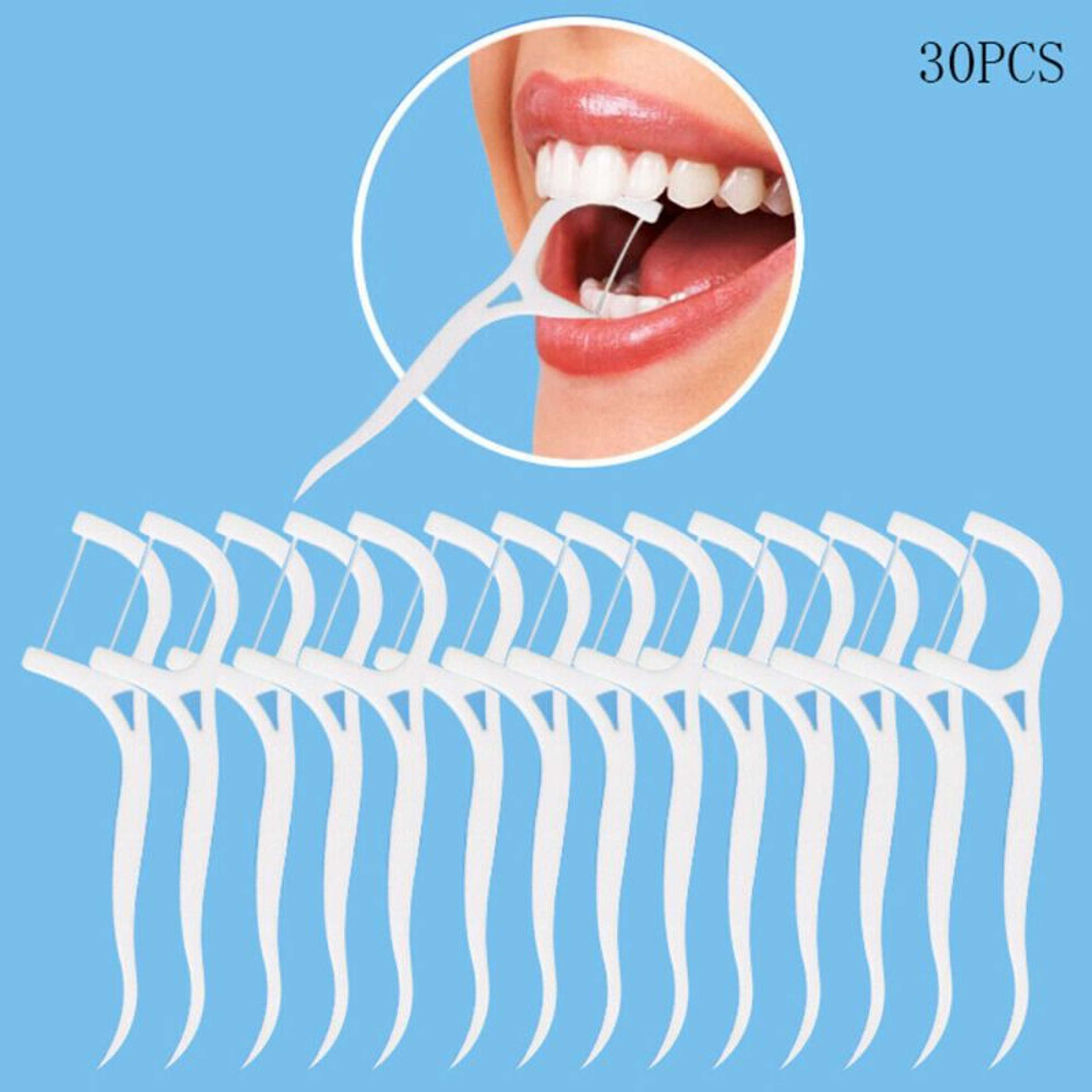 Pack of 30 - Dental Floss Toothpicks, Teeth Cleaning Flosser Toothbrush Toothpicks, Dental Floss Stick, Dental Care Flat Line Flossing Plastic Toothpicks