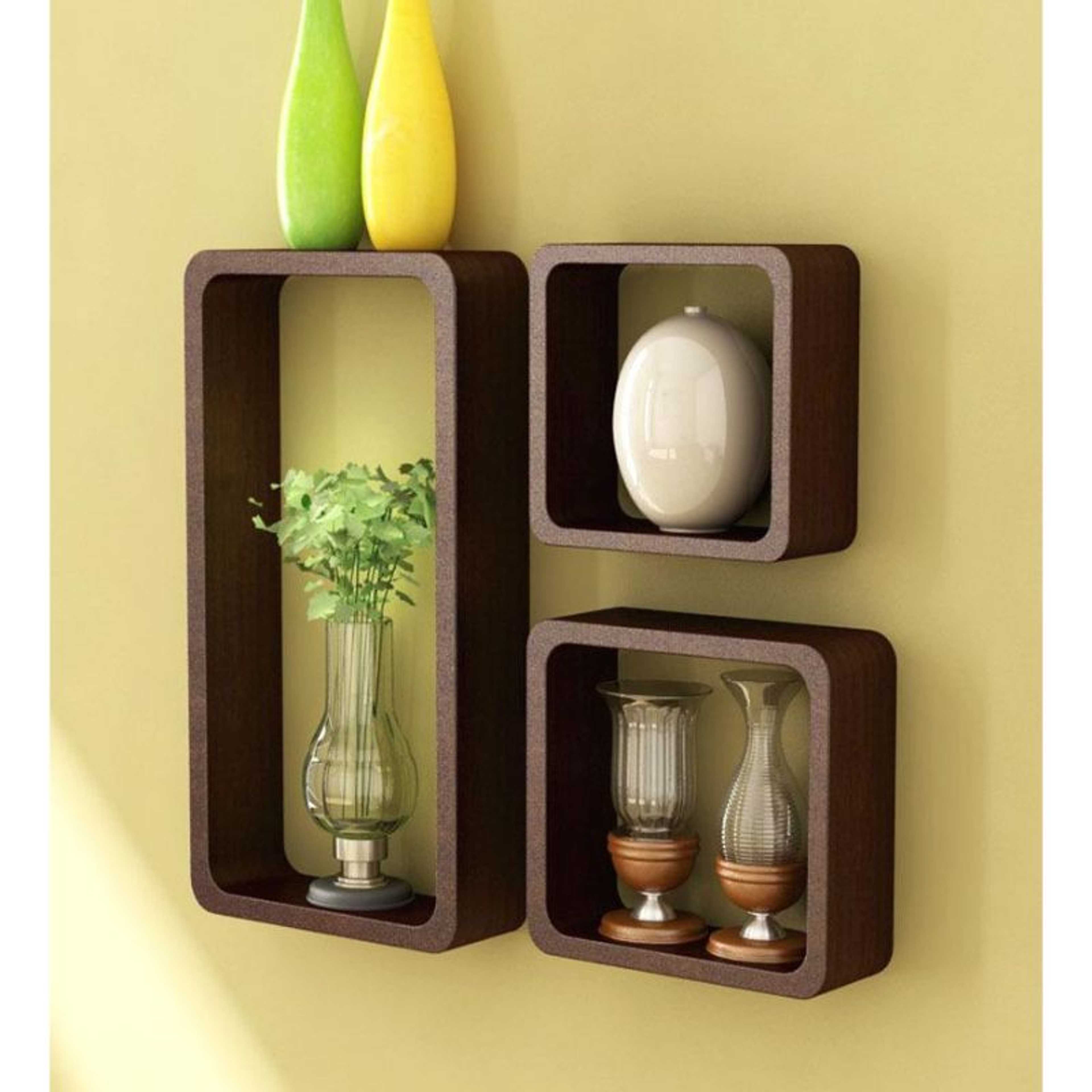 Set of 3 - Rectangular Wall Mount Shelves - Brown