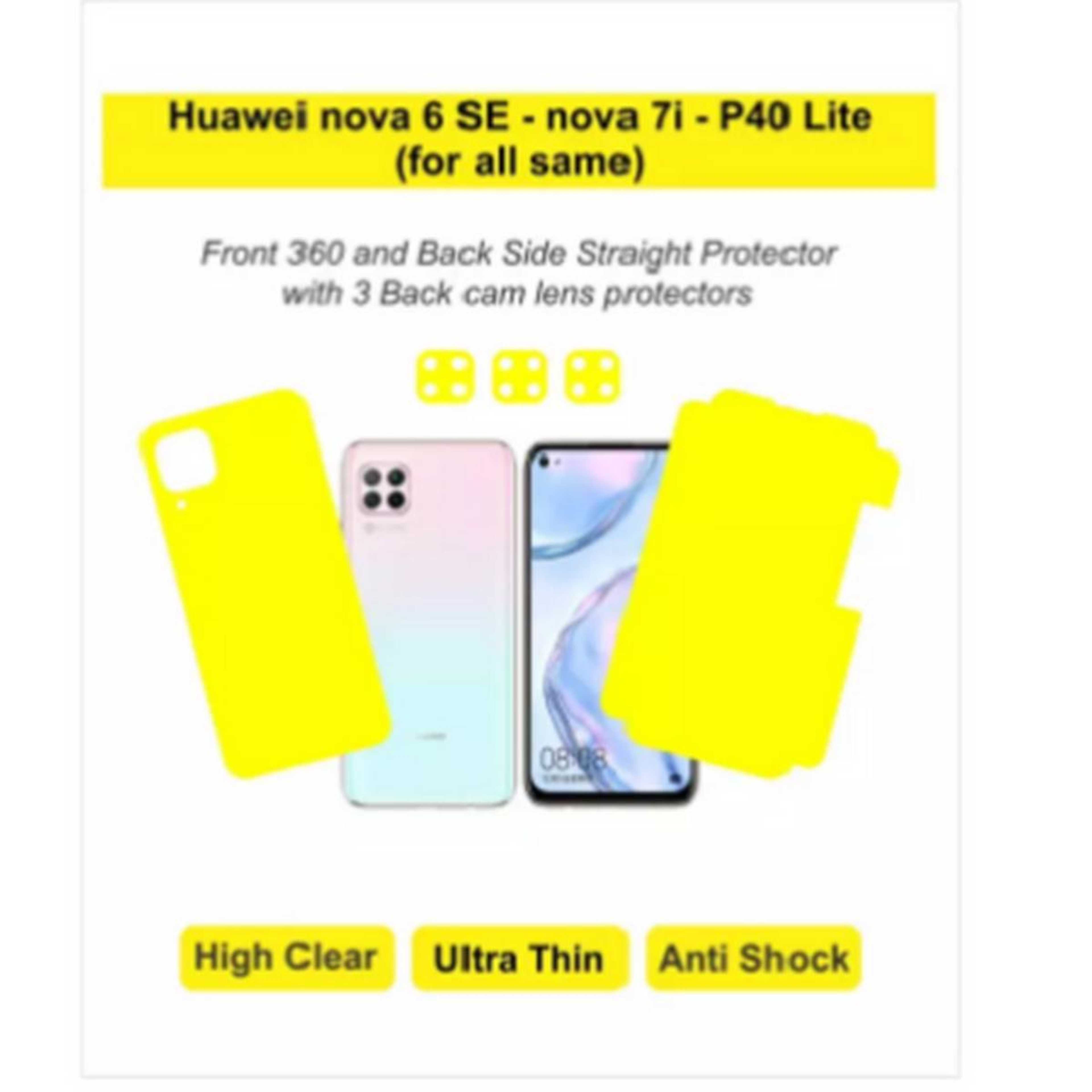 Huawei nova 6 SE - nova 7i - P40 Lite (for all same) - Screen Protectors - front 360 - back straight with 3 back cam lens protectors - pack of 5 - jelly material anti shock - Product Main Image