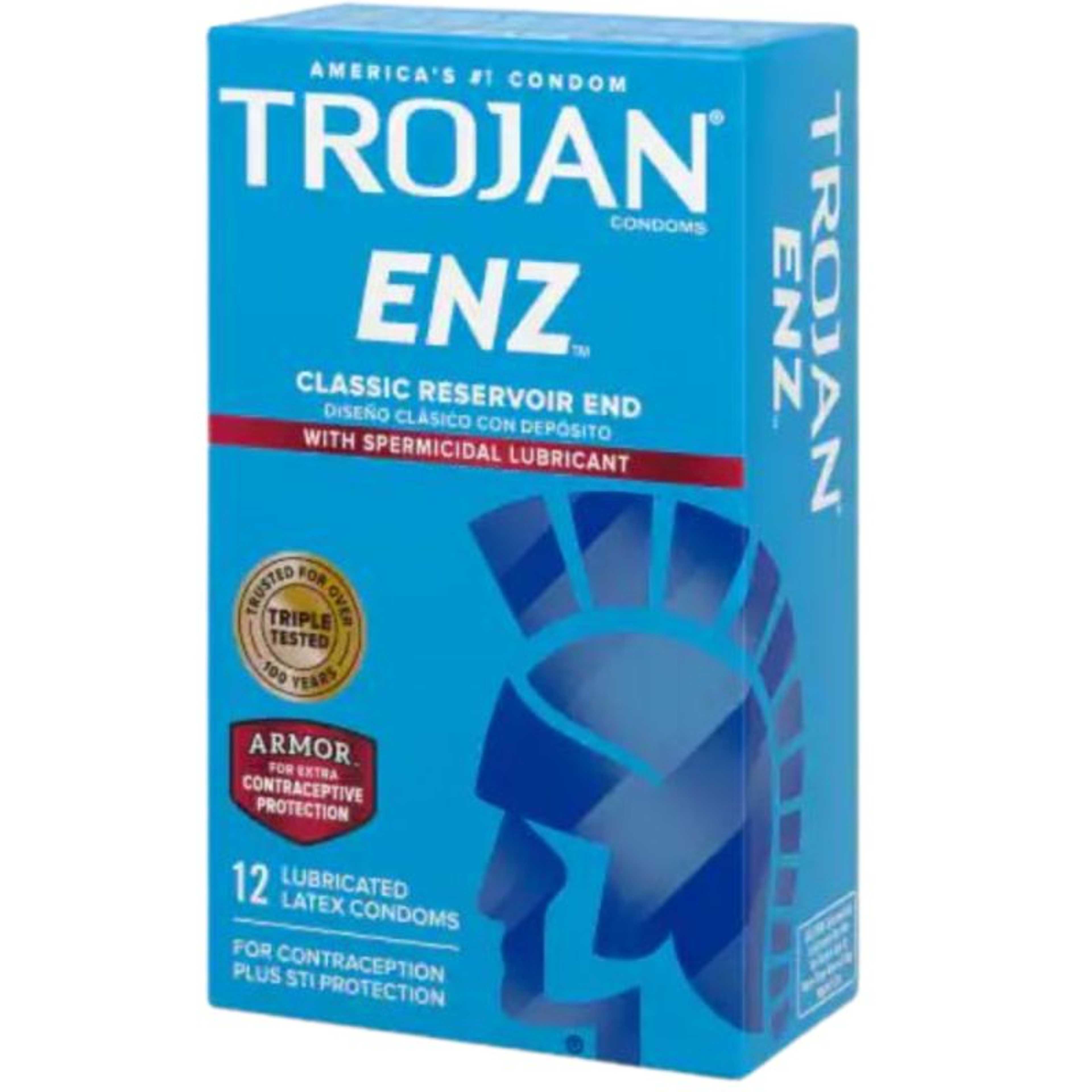 Trojan Condoms Enz Classic Reservoir End With Spermicidal Lubricant 12 Condoms