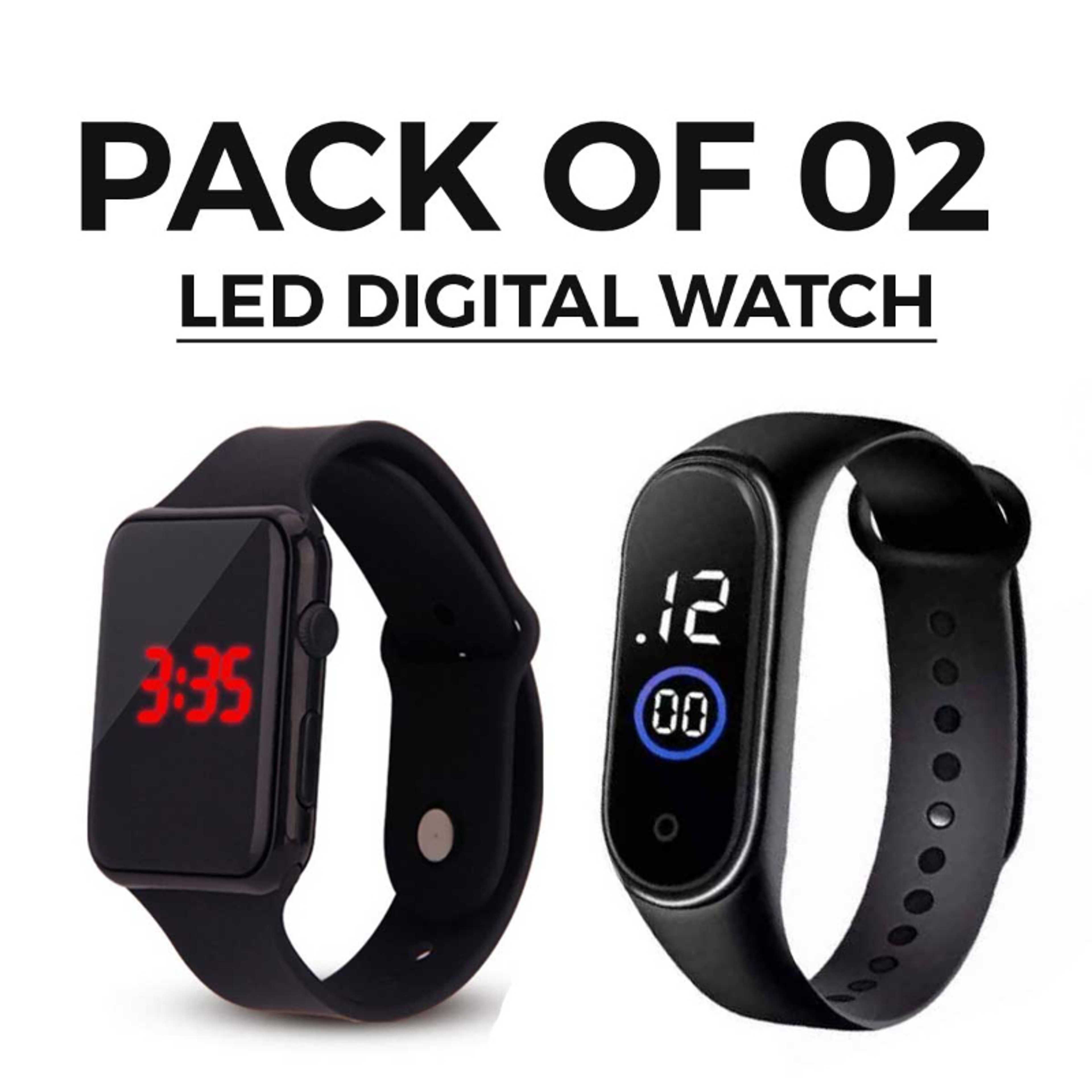 Pack of 2 Black Digital Square Wrist Watch LED Display watch For Men