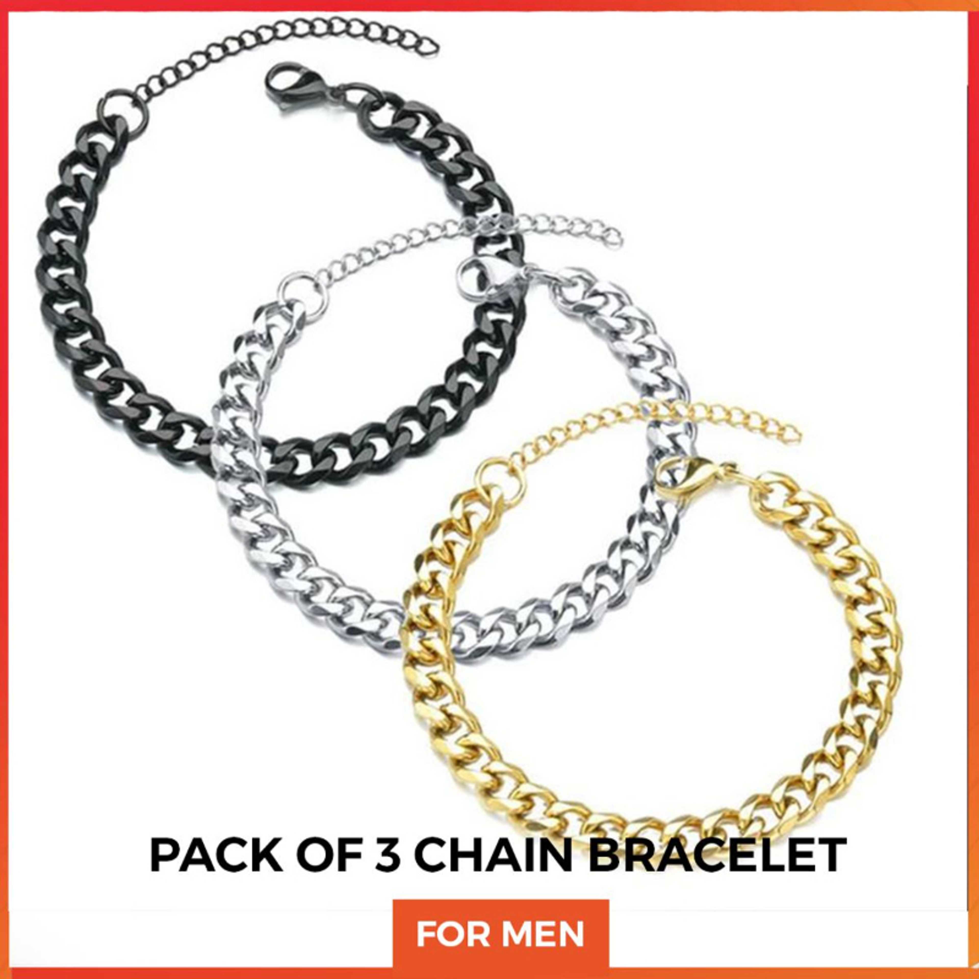 Pack of 3 Silver/golden/black Stainless Steel Cuban Link Chain bracelete and Wrist Bracelet Band for Men / Boys