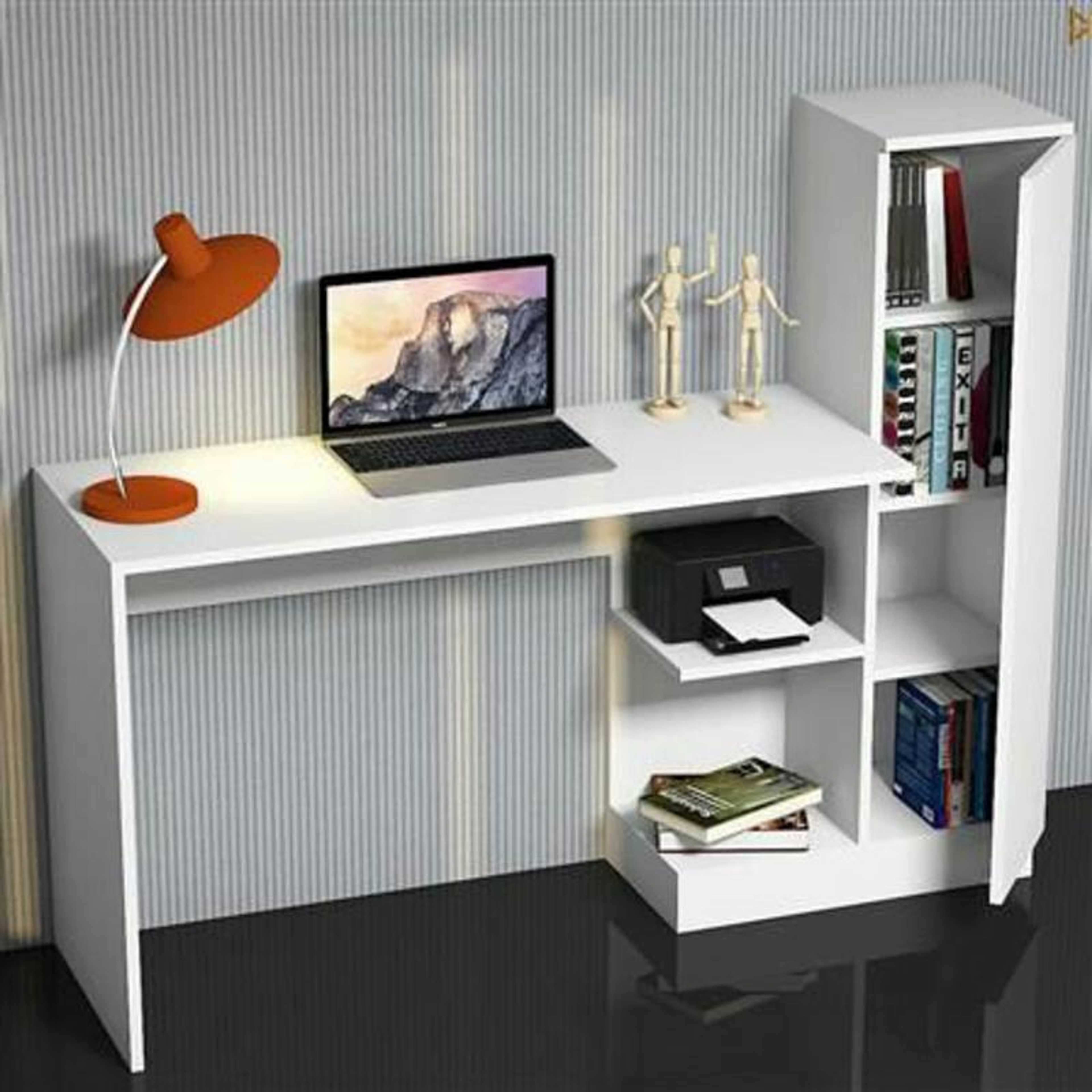 Multipurpose Home Office Computer Writing Desk with Side Shelves Modern Desk With Shelf White