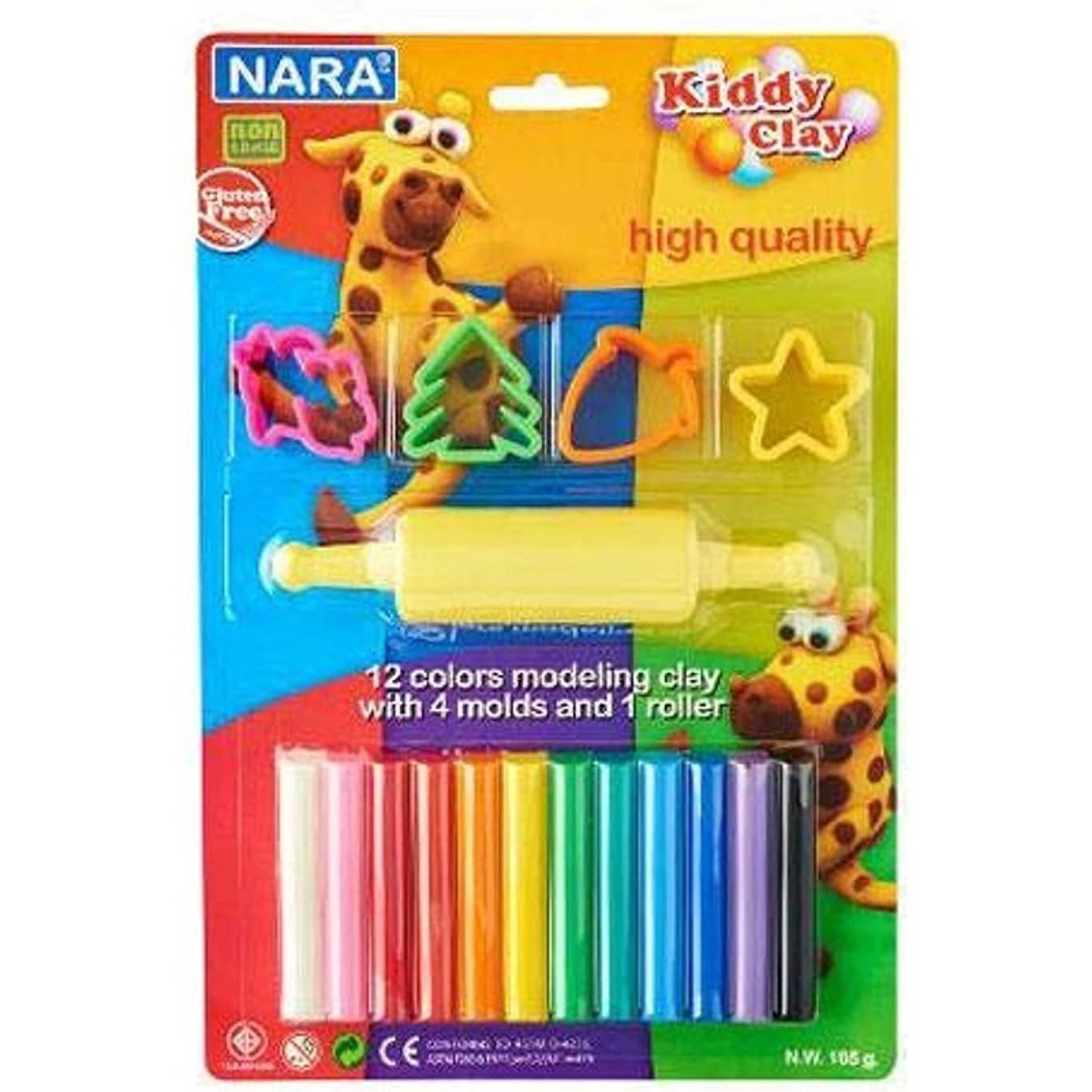 Nara kiddy clay 12 pcs, multi color 4 molds and 1 roller - Product Main Image
