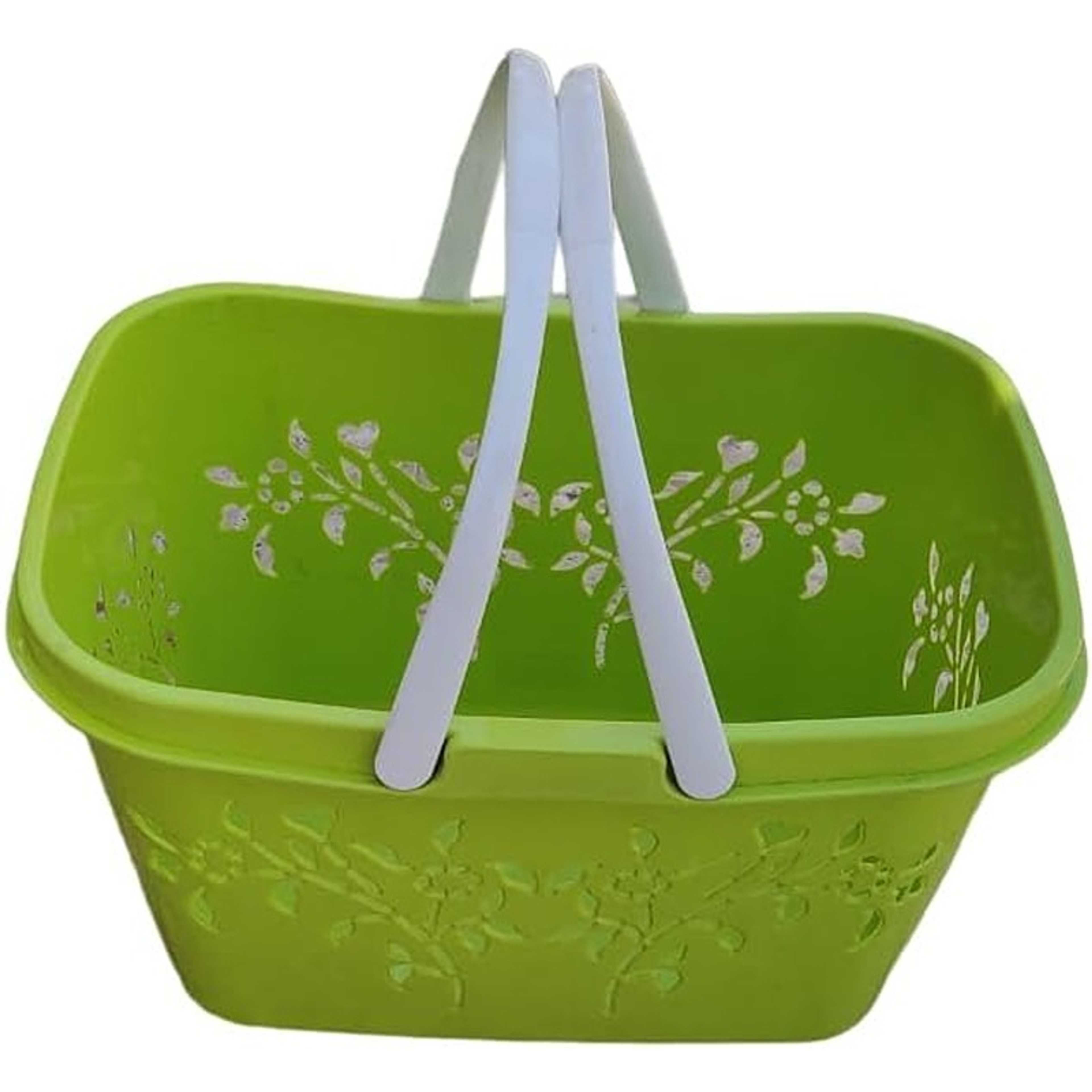 Flower Designed Sqaure Laundry Basket, Laundry Hamper,Plastic with Handle,House essential Organizer & Storage Basket Small Storage & Gift basket with a handle made of plastic material (LIGHT GREEN) - Product Main Image