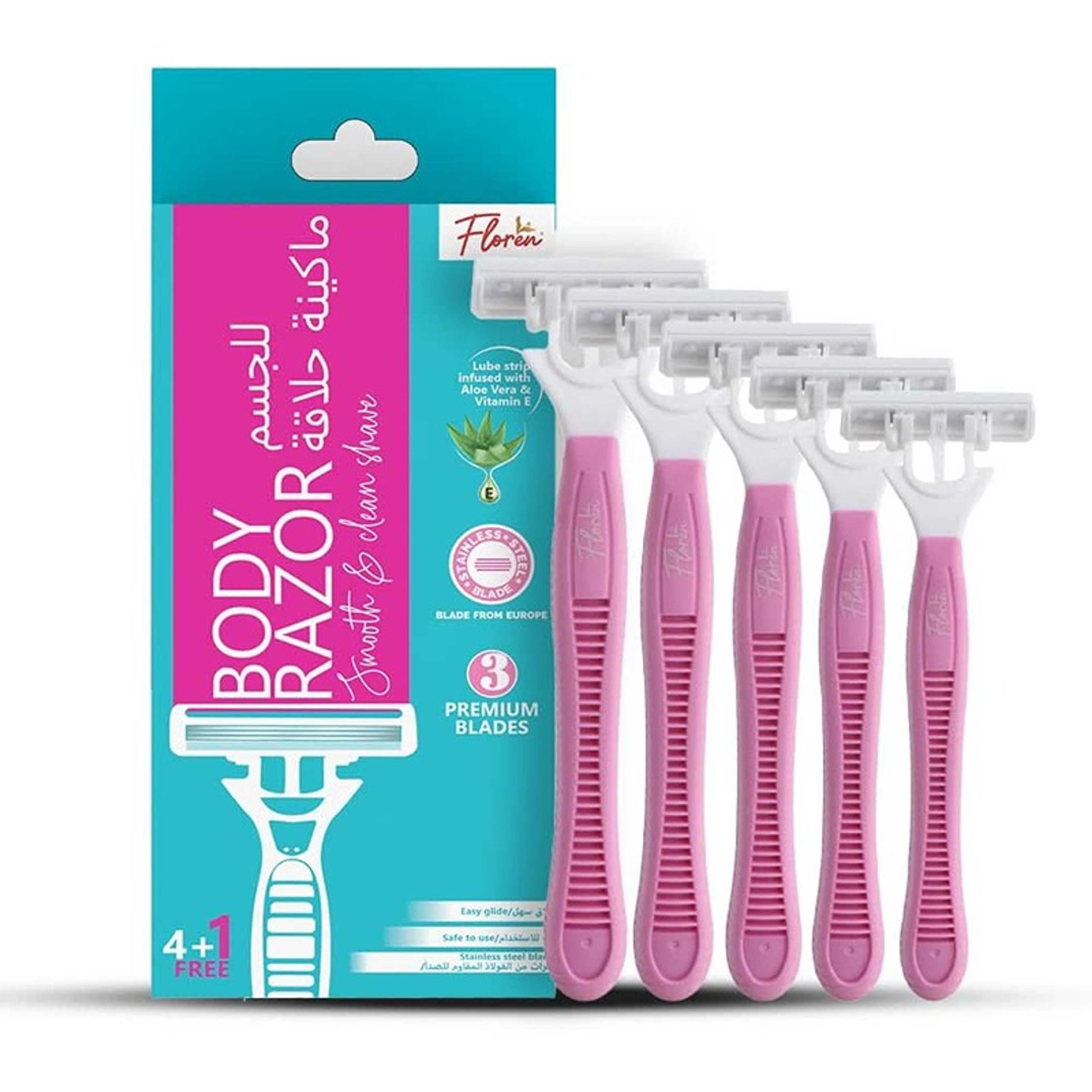 Floren Disposable Body Razors for Women - Pack of 5 | With Aloe Vera & Vitamin E Strip | 3 Premium SS European Blade | Smooth & Clean Shave | Hair Removal | For Arms, legs and Bikini Line | - Product Main Image