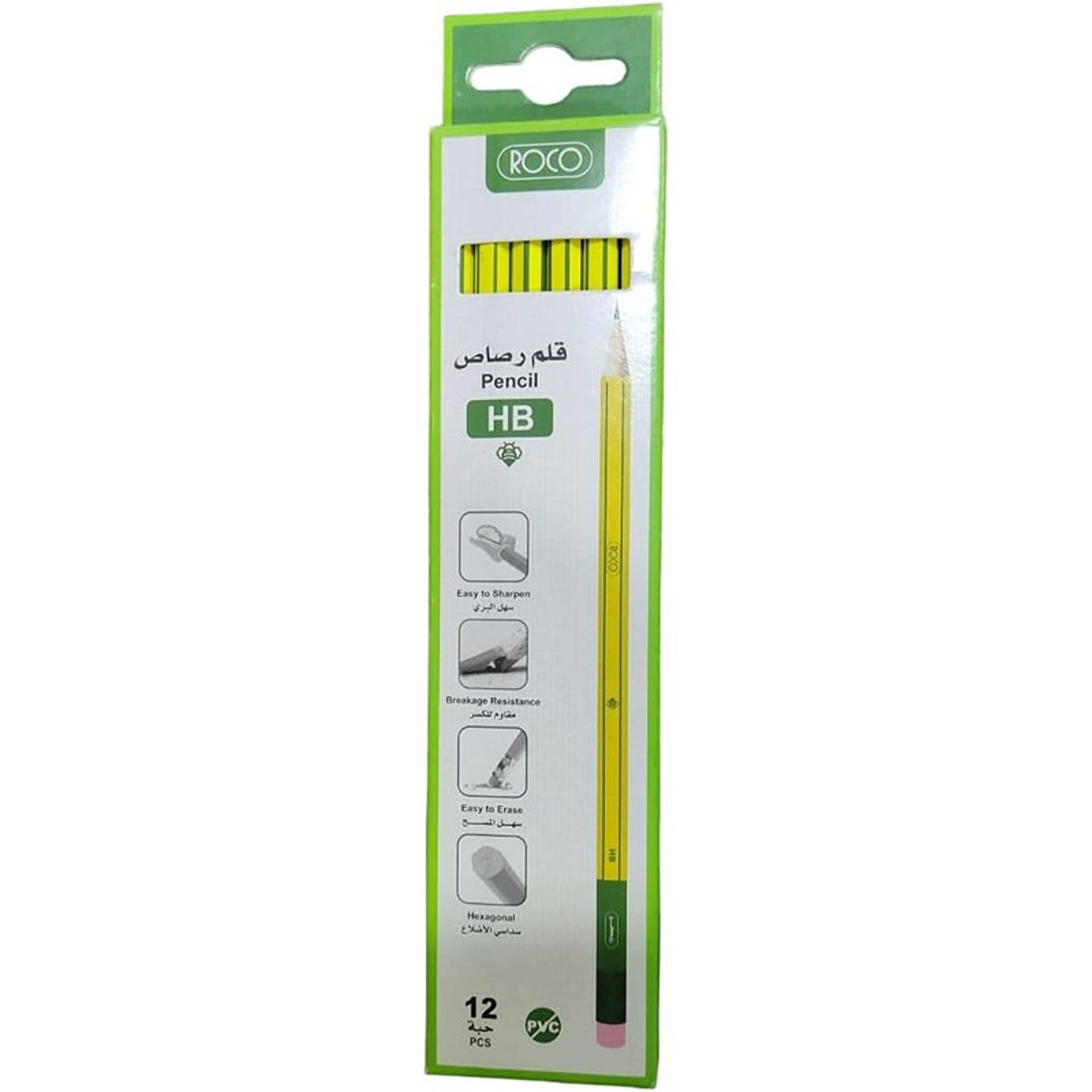 ROCO PENCIL HB WITH PINK RUBBER TOP, BOX OF 12PC, BLACK AND YELLOW COATED FROM OUTSIDE - Product Main Image