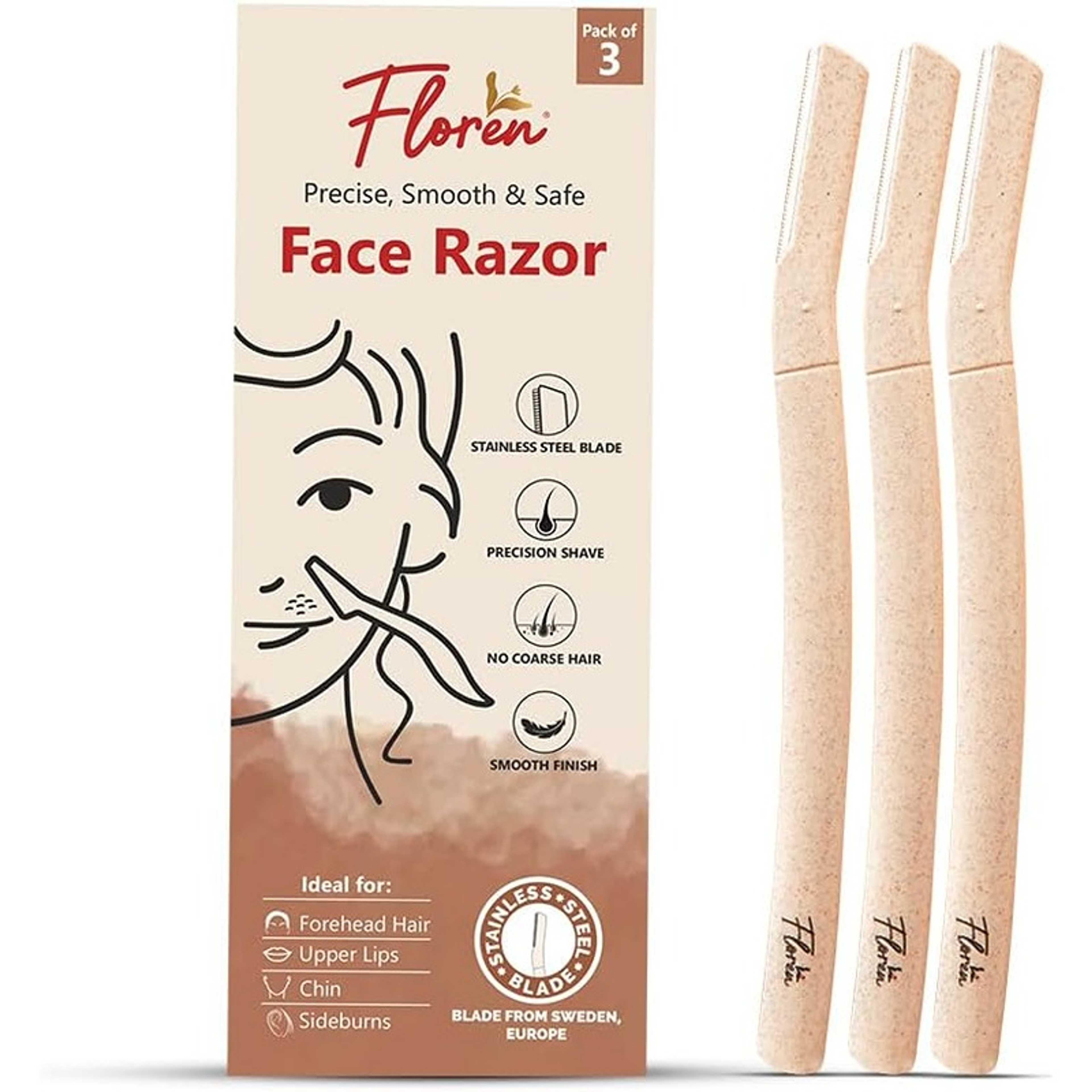 Floren Face Razor For Women - Pack Of 3 | Smooth & Effortless Facial Hair Removal | Suitable For Peach Fuzz, Chin, Upper Lips, Eyebrows I Dermaplaning Tool | Travel Friendly - Product Main Image