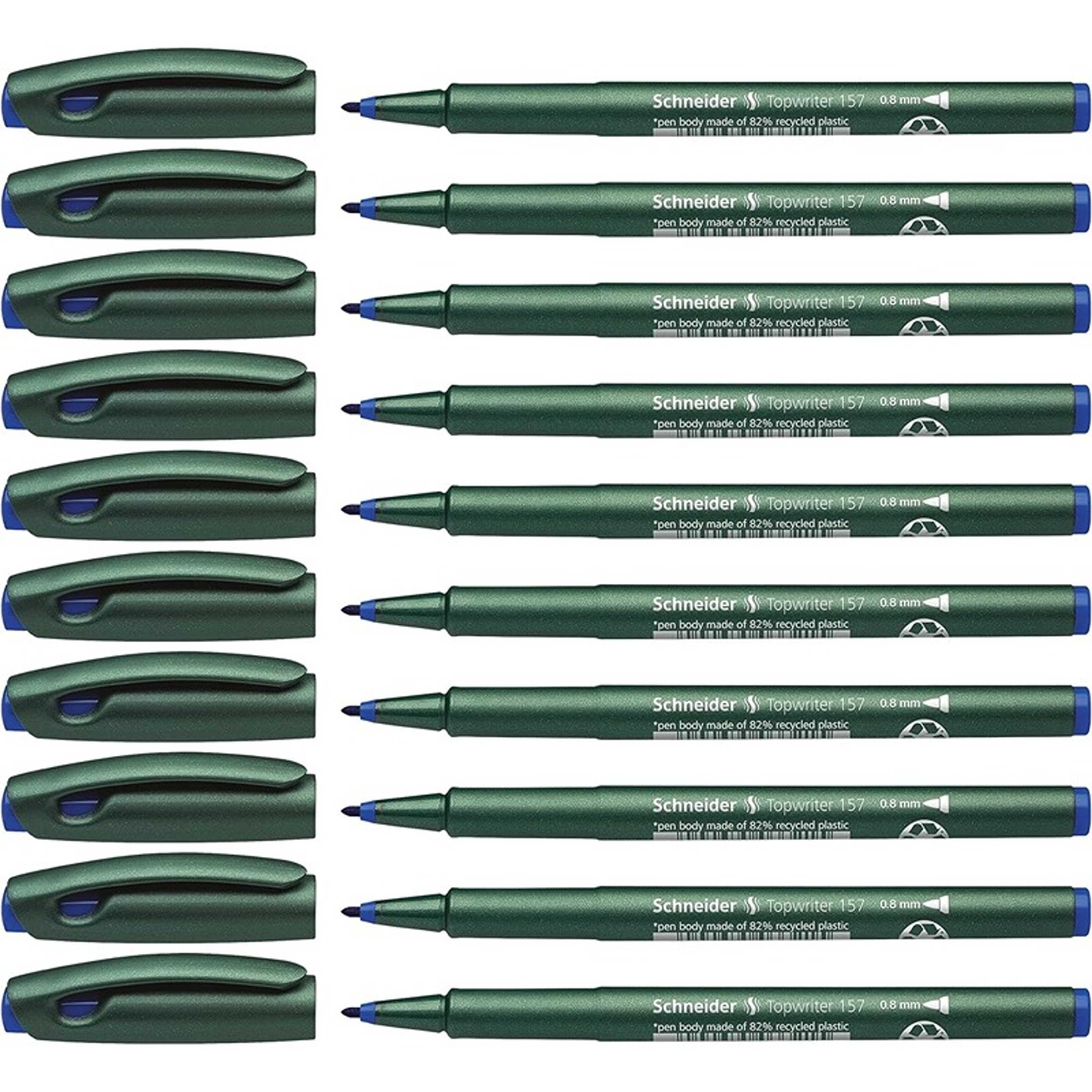 Schneider Topwriter 157 Fiber Tip Pen.8mm, Green Barrel, Blue Ink, Box of 10 (115703) - Product Main Image