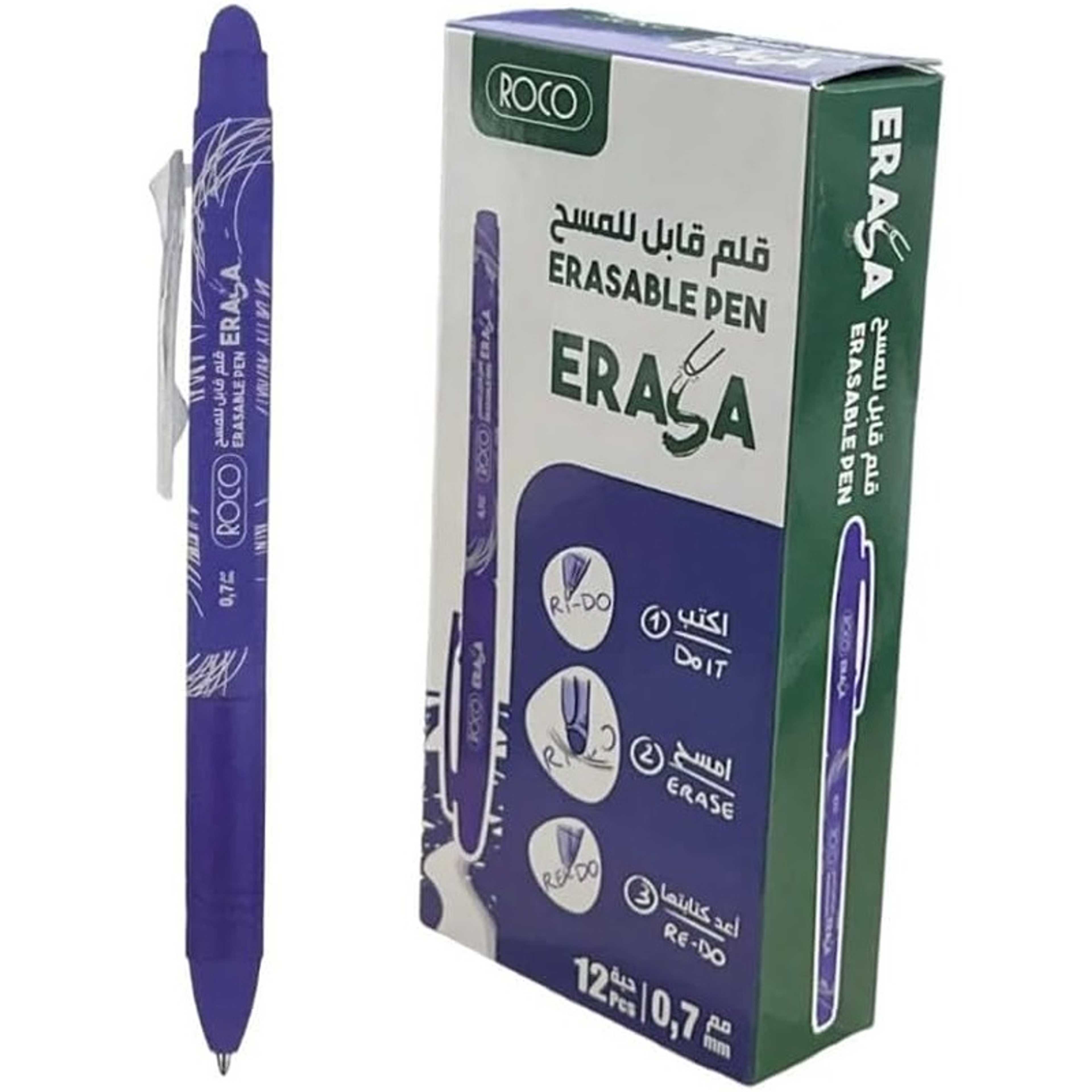 Roco Erasable Clickable Pen, Pack of 12, Blue, Rubber Grip, Medium 0.7mm Tip - Product Main Image