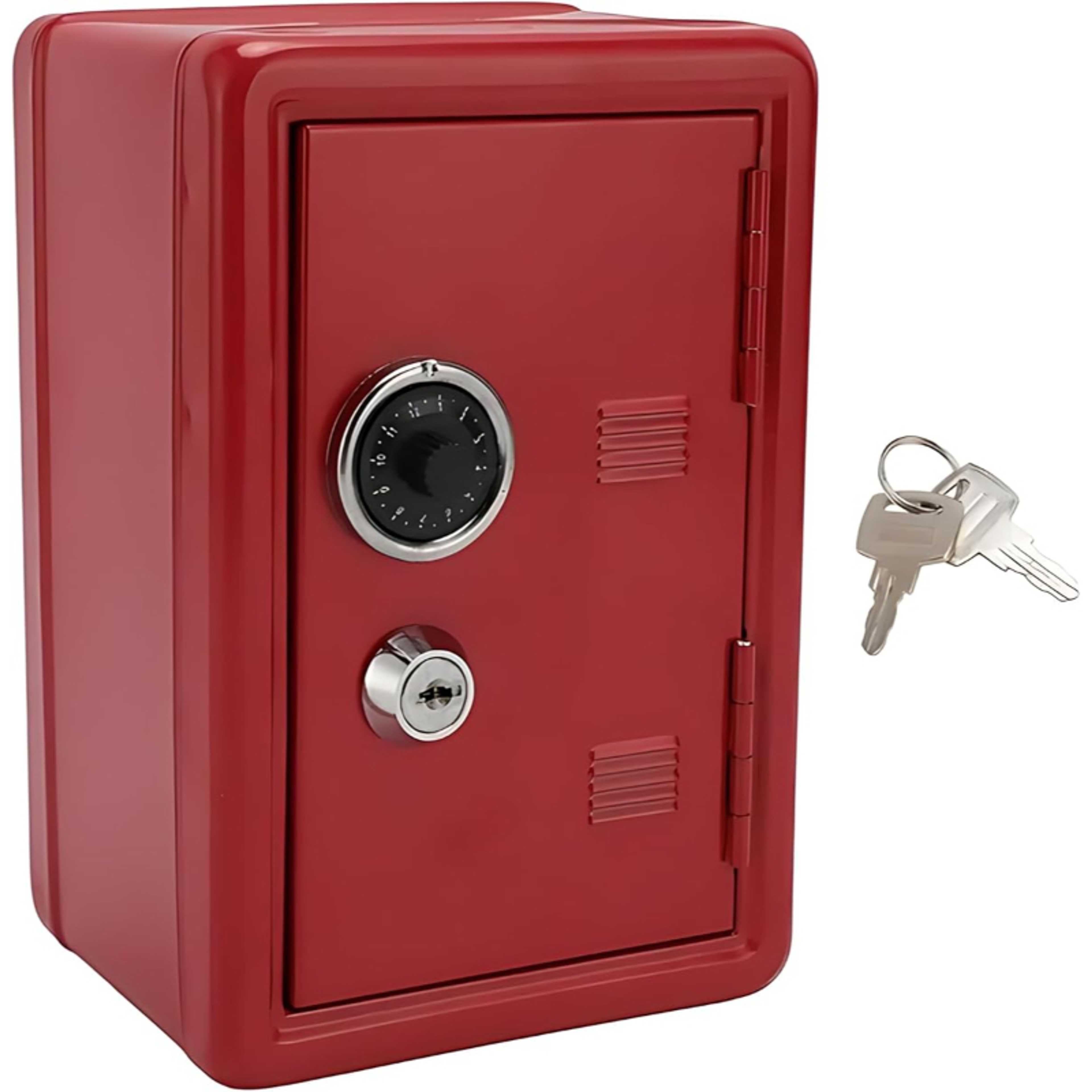 Biki Iron Piggy Bank Coin Safe, Key Lock, Money Drop Slot, Red, 18x12x10cm, for Kids' Savings - Product Main Image