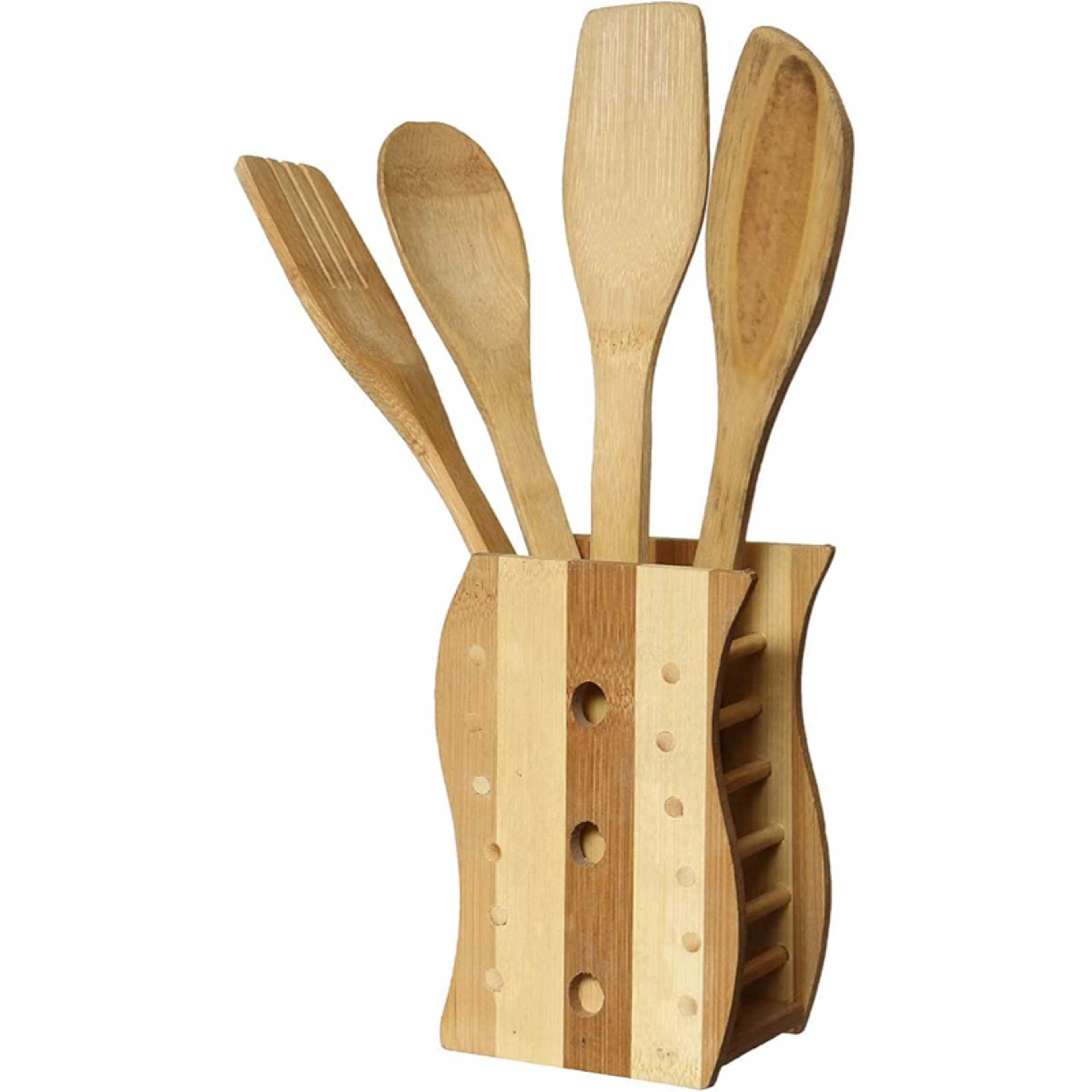 Set Of 5 Pcs Wooden Spoons for Cooking With Stand, Brown - Product Main Image