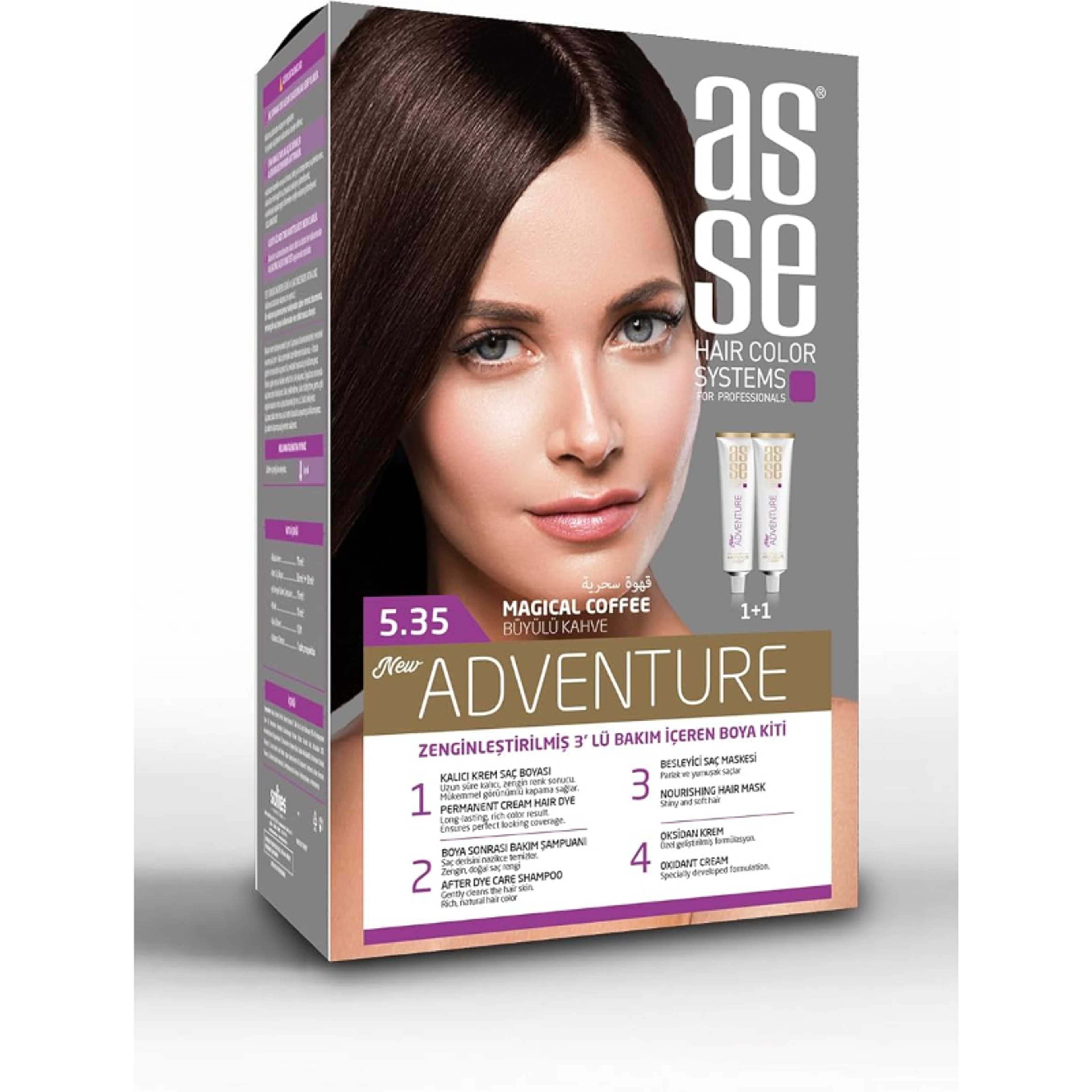 asse Magic Coffee Hair Dye Kit 5.35/8.1 2 Tubes Hair Dye Cream • 1 Oxidant Cream • 1 Hair Care Cream • 1 Hair Care Shampoo • 1 Pair of Gloves - Product Main Image