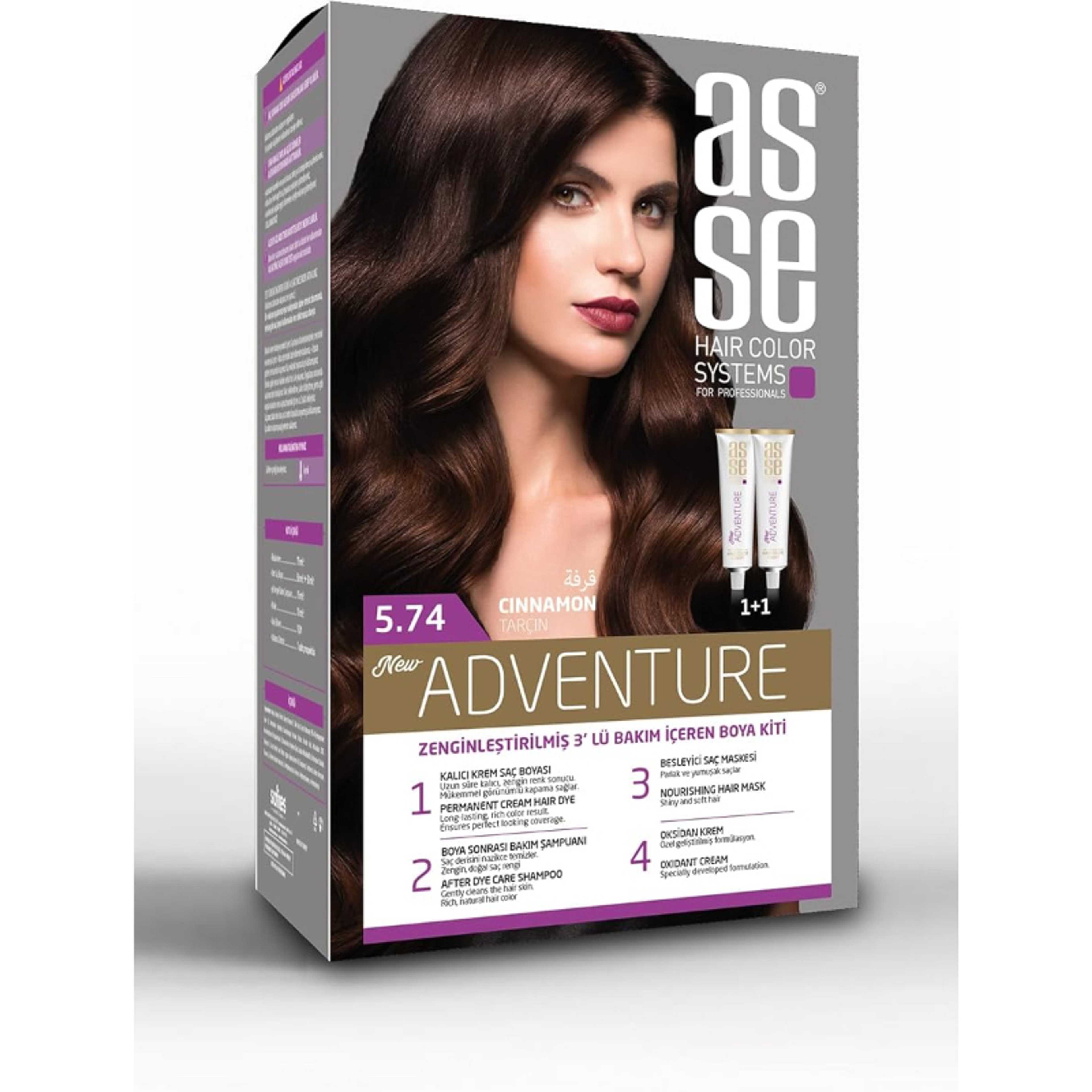 asse Cinnamon Hair Color Kit 5,74/2 Tubes Hair Dye Cream • 1 Oxidant Cream • 1 Hair Care Cream • 1 Hair Care Shampoo • 1 Pair of Gloves - Product Main Image