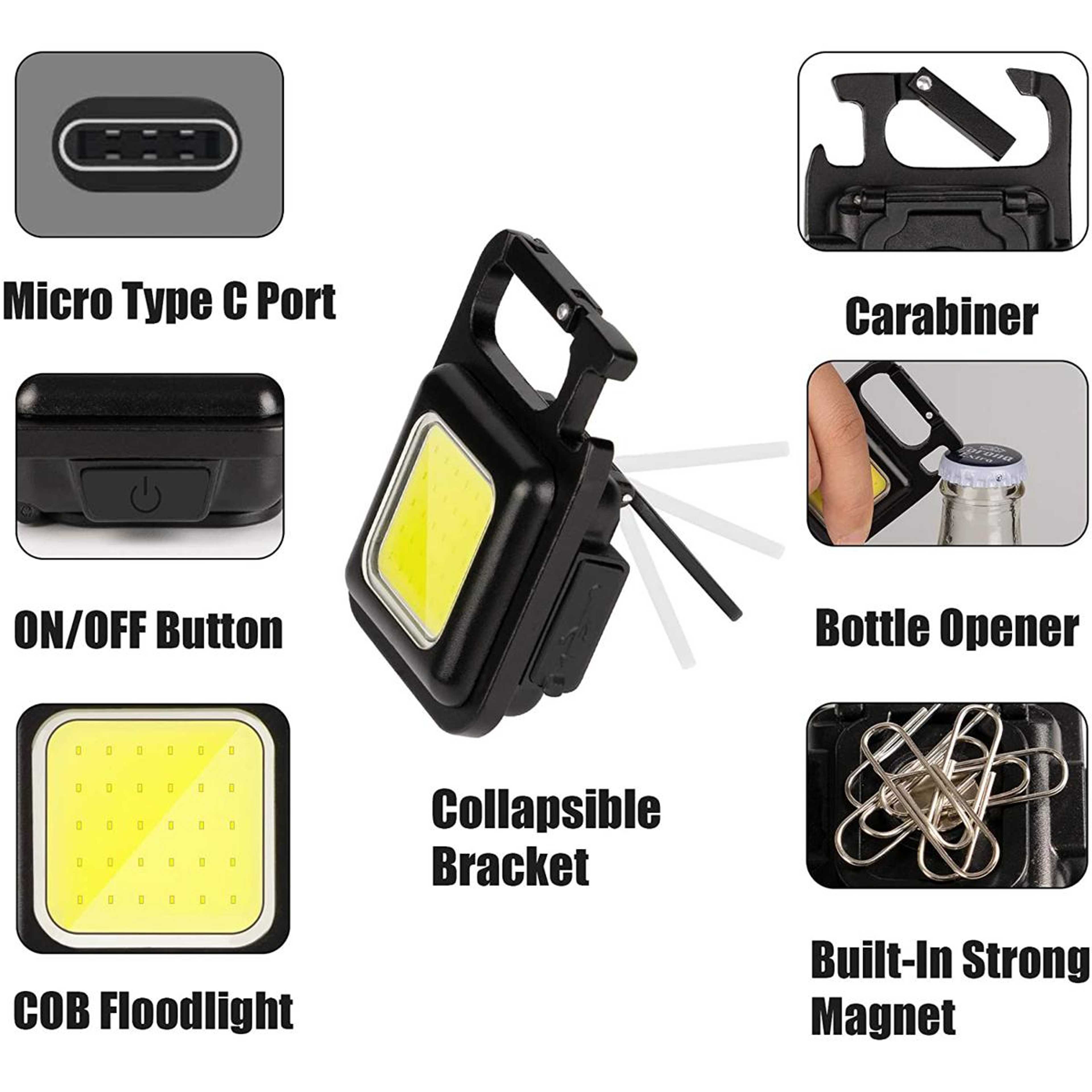 COB Rechargeable Keychain Mini Small Flashlight 3 Light Modes Portable Pocket Light with Folding Bracket Bottle Opener and Magnet Base for Fishing, Walking and Camping