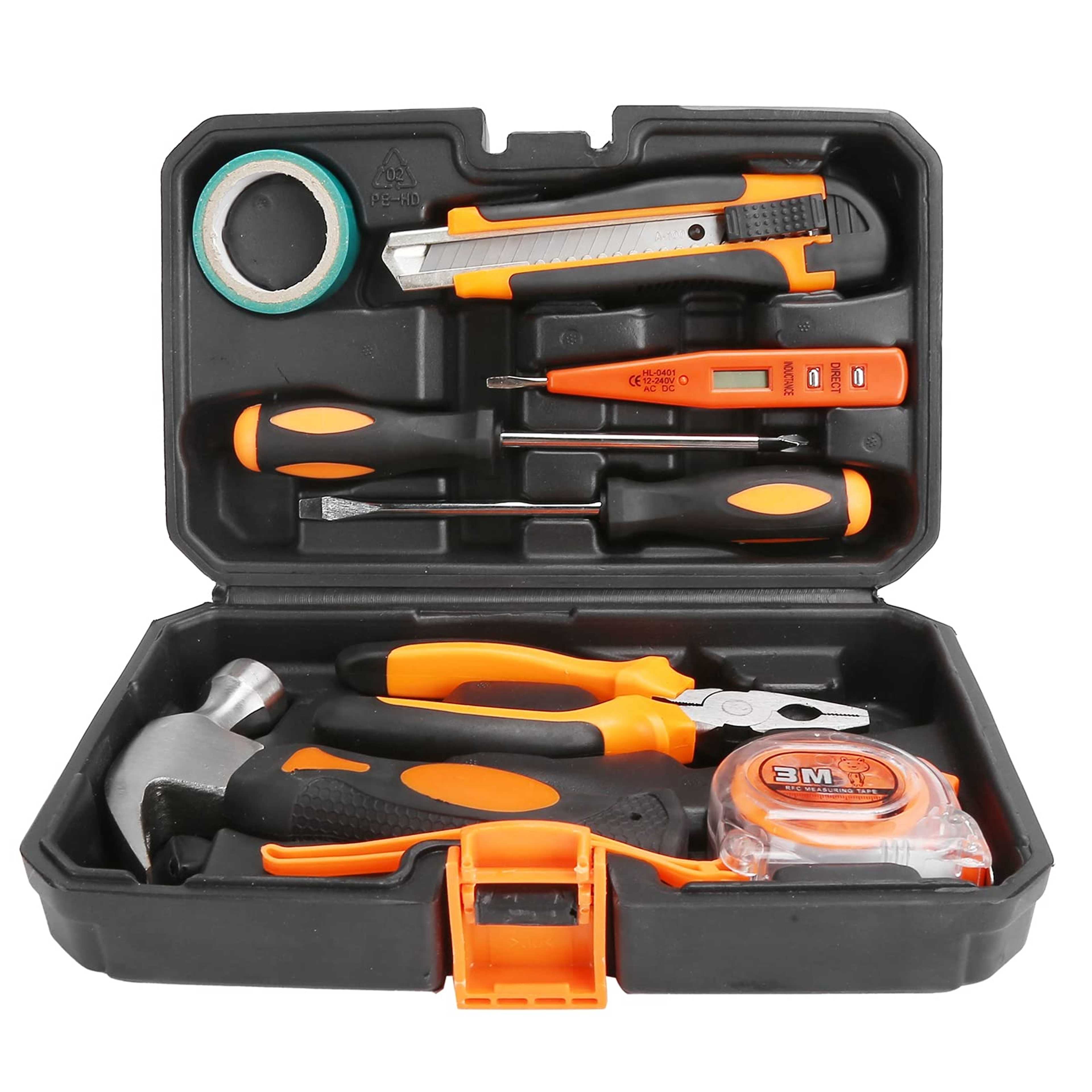 9Pcs Household Hand Tool Kit - Mechanic Tool Set Home Repair Tool Kit with Storage Case Screwdriver Wire Pliers Hammer Utility Knife Set Hardware Tool Kit for DIY Projects/Homeowner/Handyman