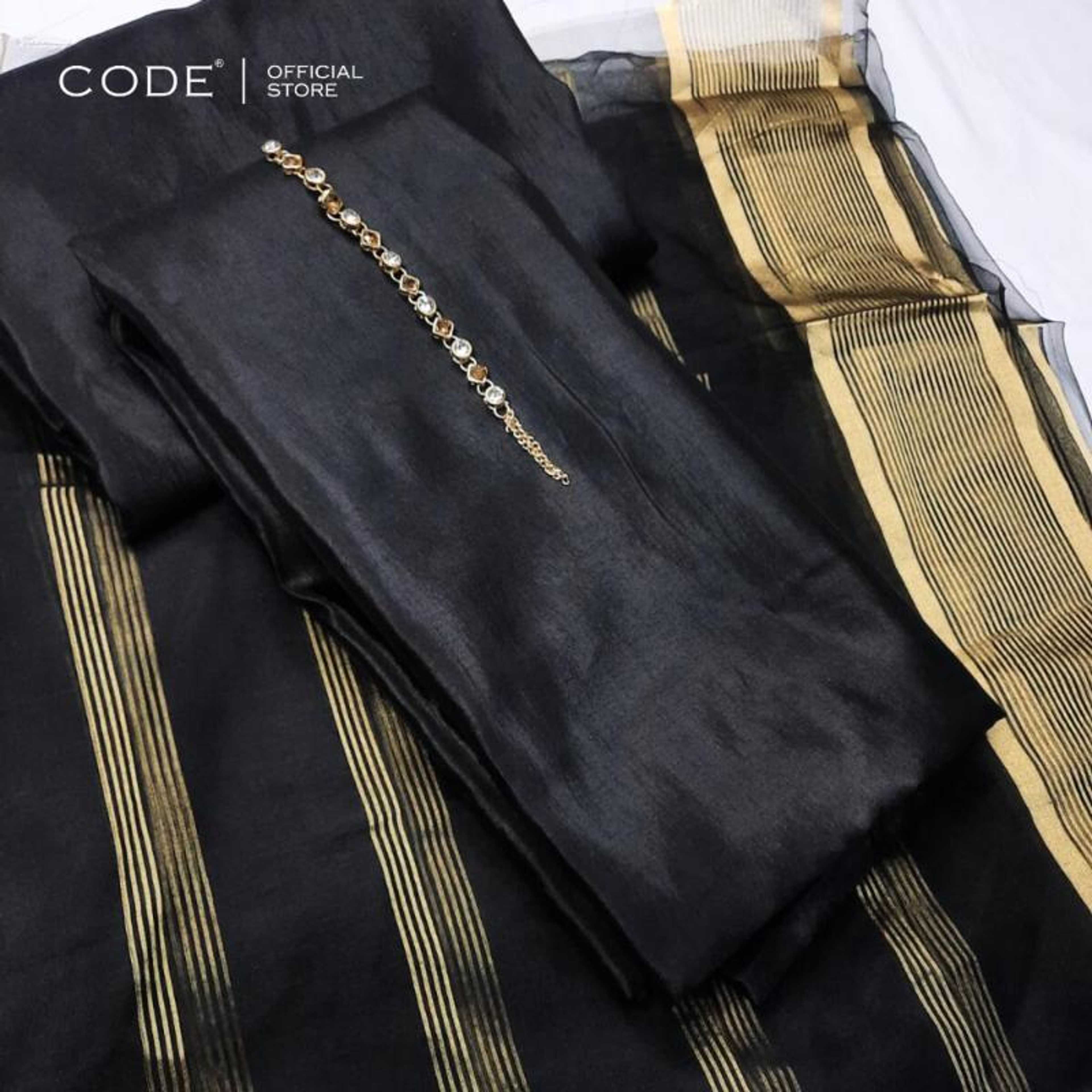 Code 3pc Unstitched Kataan Silk Plain Shirt & Trouser With Organza Lining Dupatta - Unstitched Fabric For Women - High Quality Unstitched Fabric - Unstitched Clothing - Unstitched Suits For Women - Katan Silk Dress - Black