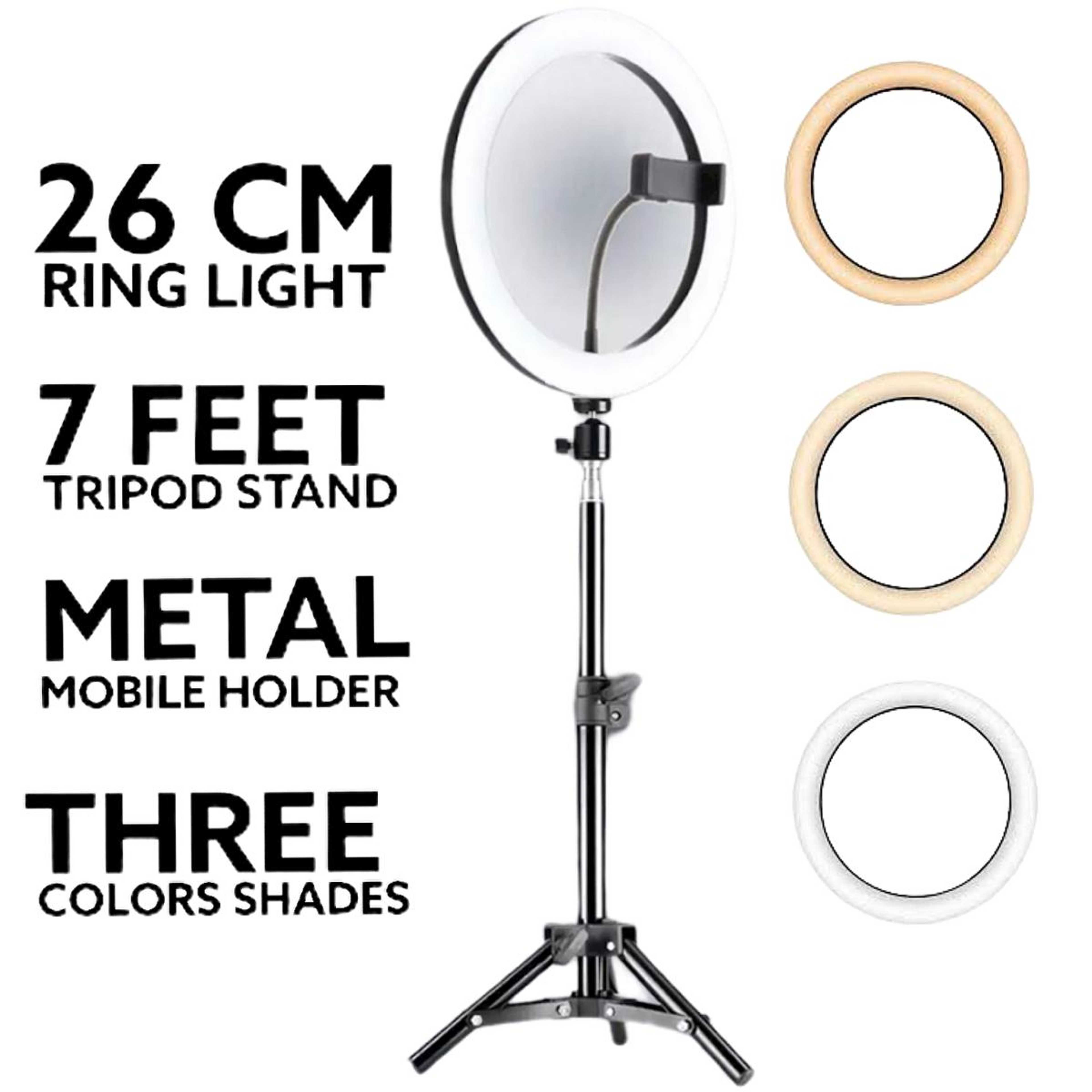 26CM Selfie LED Ring Light with 7ft Tripod Stand Mobile Phone Holder 26 CM ringlight 7 feet tripod stand 3 Modes RingLight 7 Feet Tripod Stand Light Vlogging Light Mobile Phone Photography Light - JM Jadoon