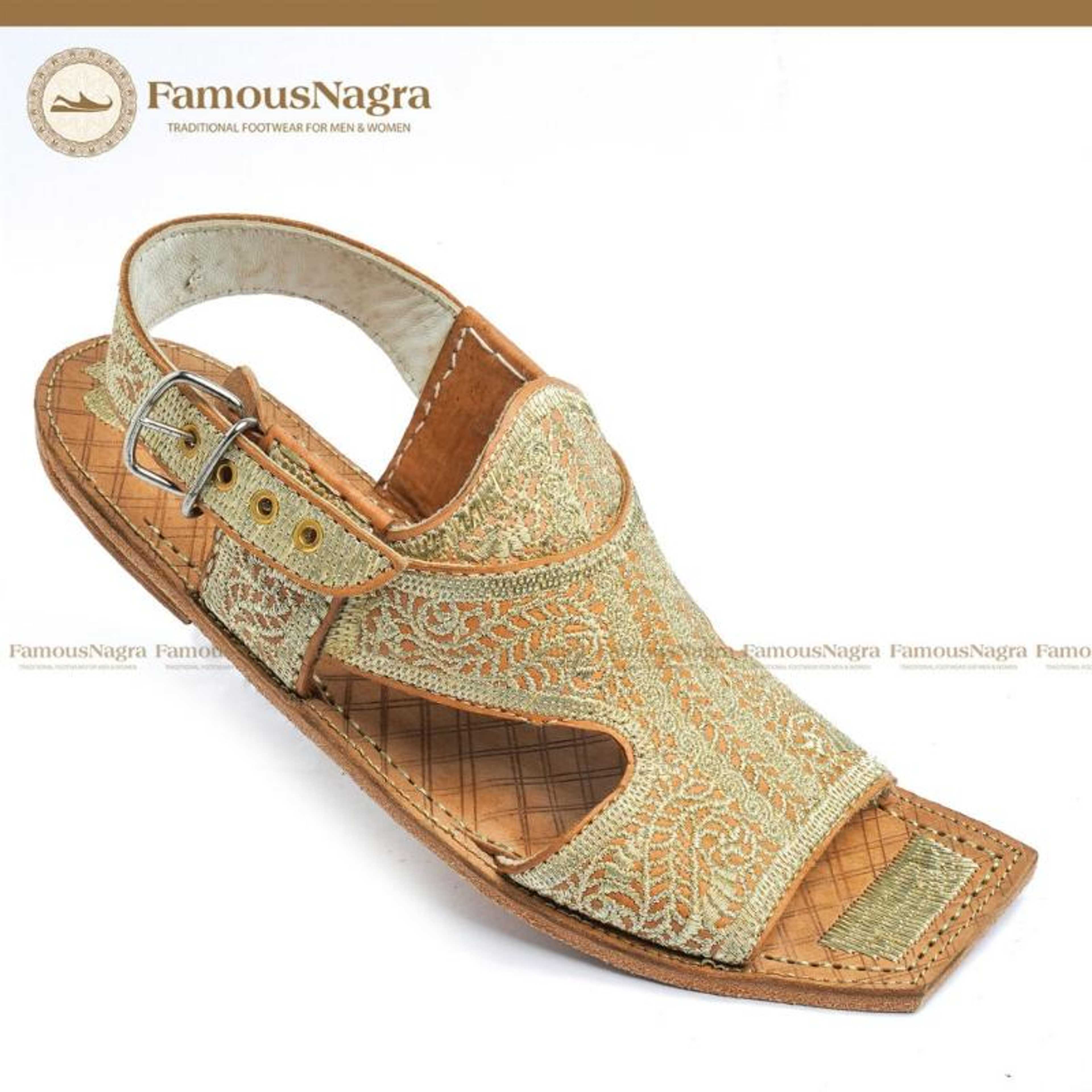 Kohati Chappal / Sandal - Gents - Genuine Leather - Authentic Zari Cut Work - Golden - Leather sole - Art 1210 - Product Main Image
