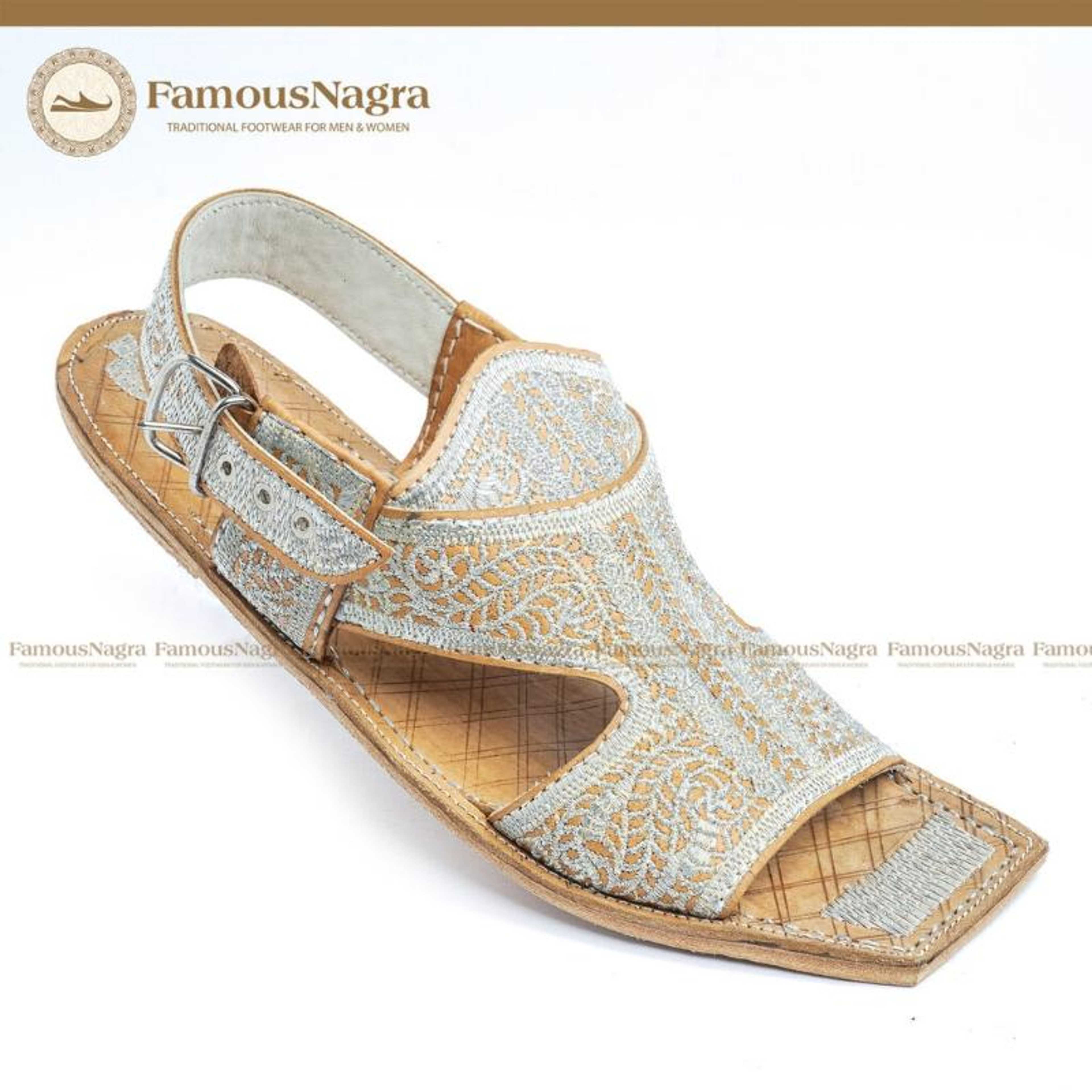 Kohati Chappal / Sandal - Gents - Genuine Leather - Authentic Zari Cut Work - Off White And Silver - Leather sole - Art 1212 - Product Main Image