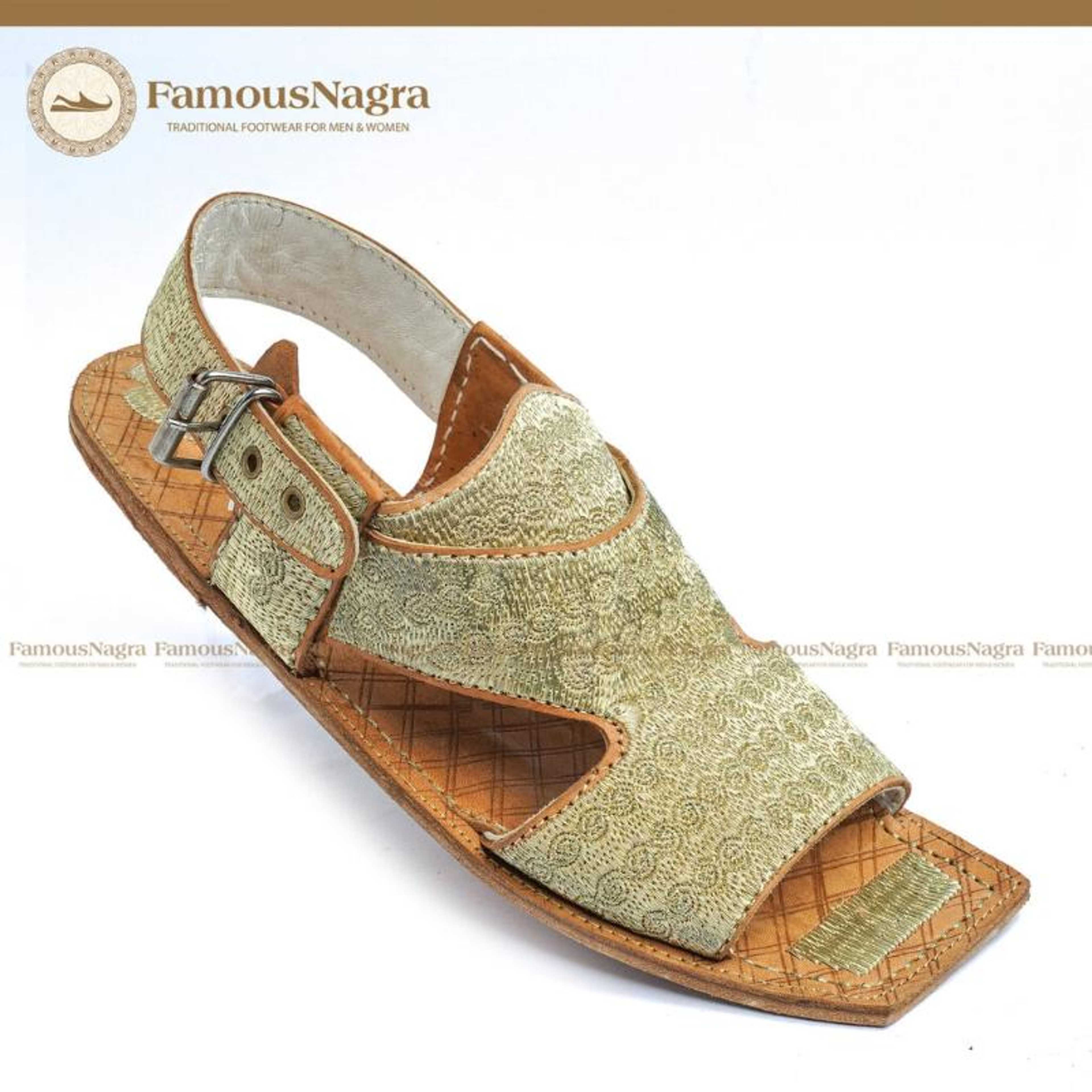 Kohati Chappal / Sandal - Gents - Genuine Leather - Authentic Zari Work - Golden - Leather sole - Art 1213 - Product Main Image