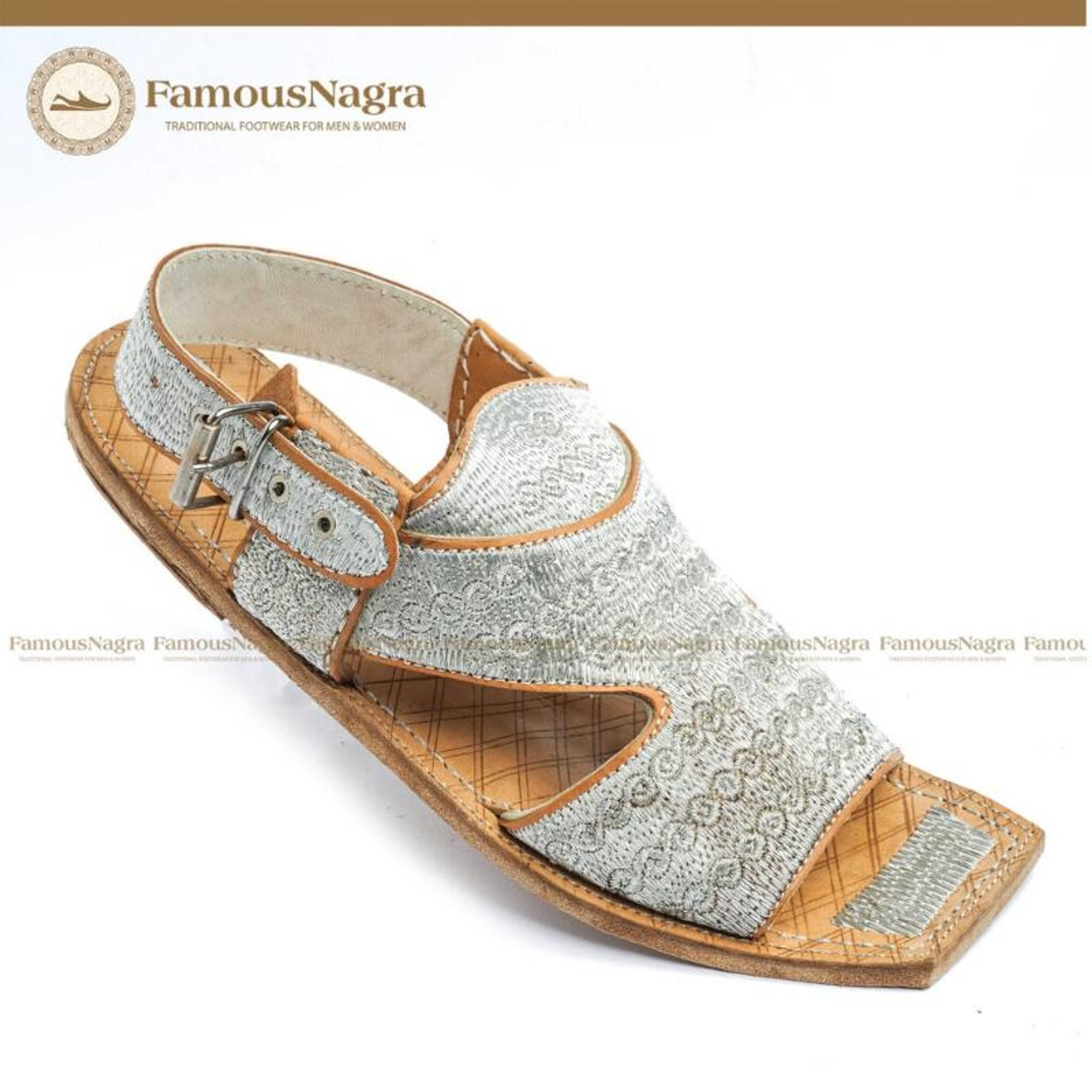 Kohati Chappal / Sandal - Gents - Genuine Leather - Authentic Zari Work - Silver - Leather sole - Art 1214 - Product Main Image