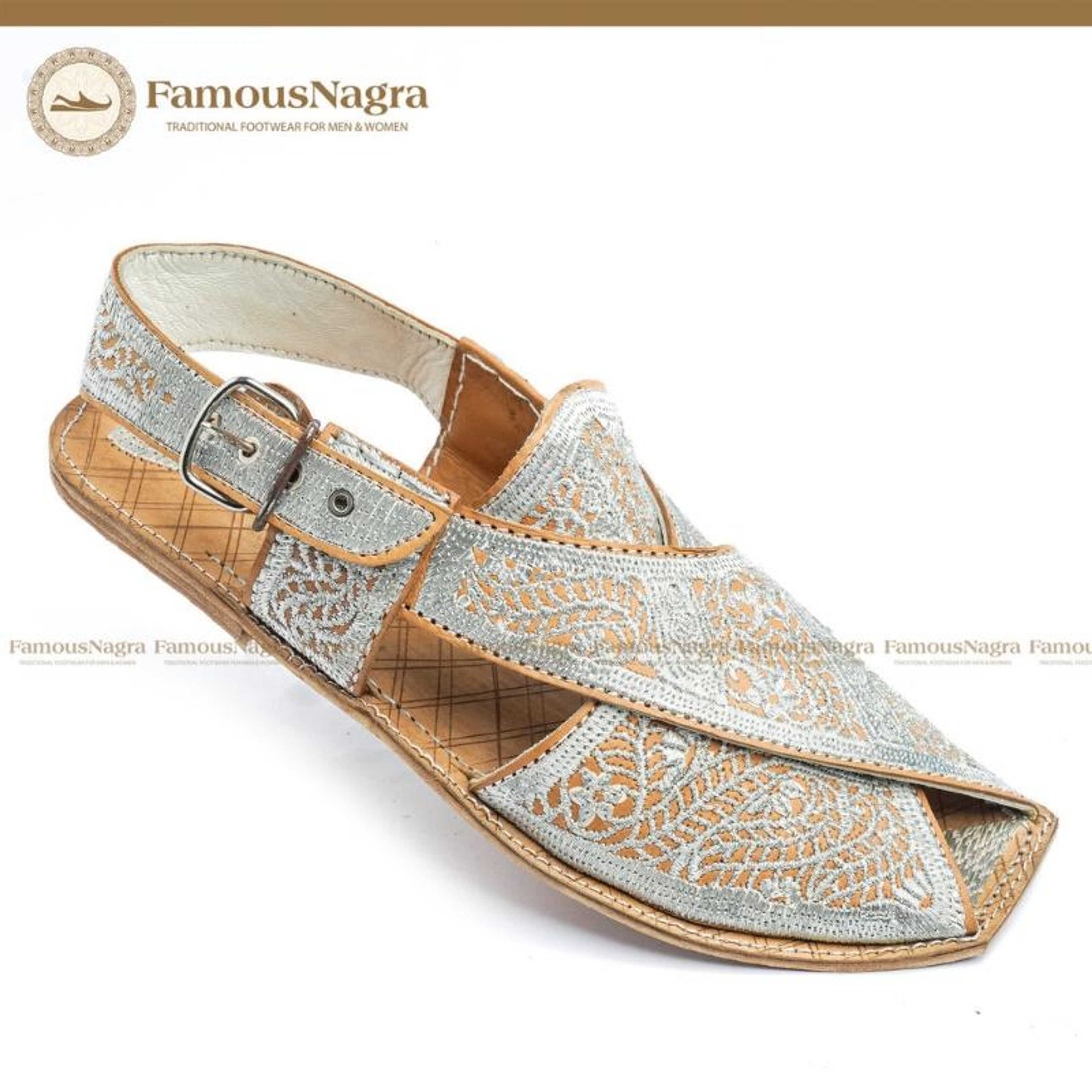 Peshawari Chappal / Sandal – Gents – Genuine Leather - Authentic Zari Cut Work – Off White And Silver – Soft Insole – Thin Tyre Outsole – Art 1215 - Product Main Image