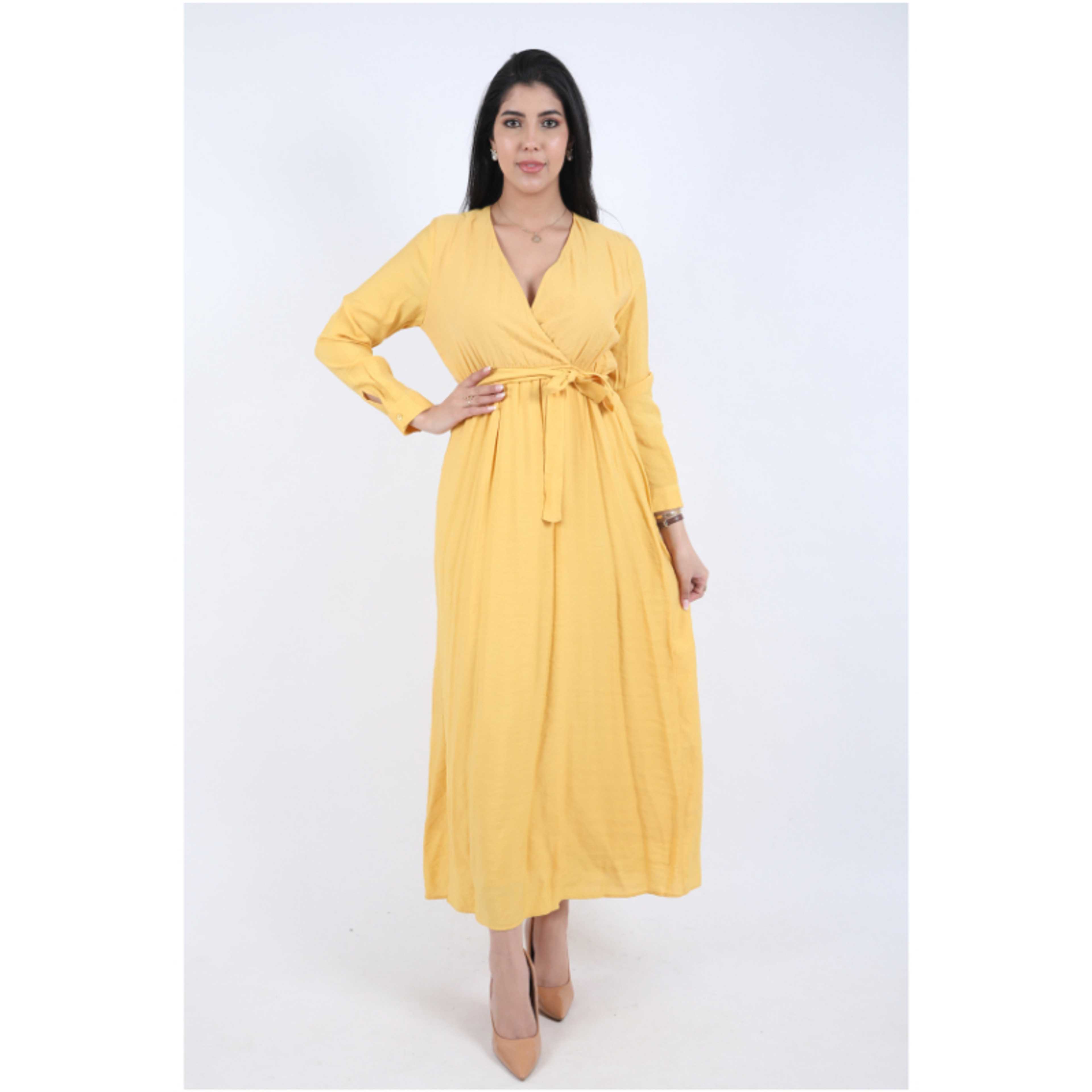 FULL JOY-Maxi Galabiya with long sleeves and a belt on the waist, yellow - Product Main Image